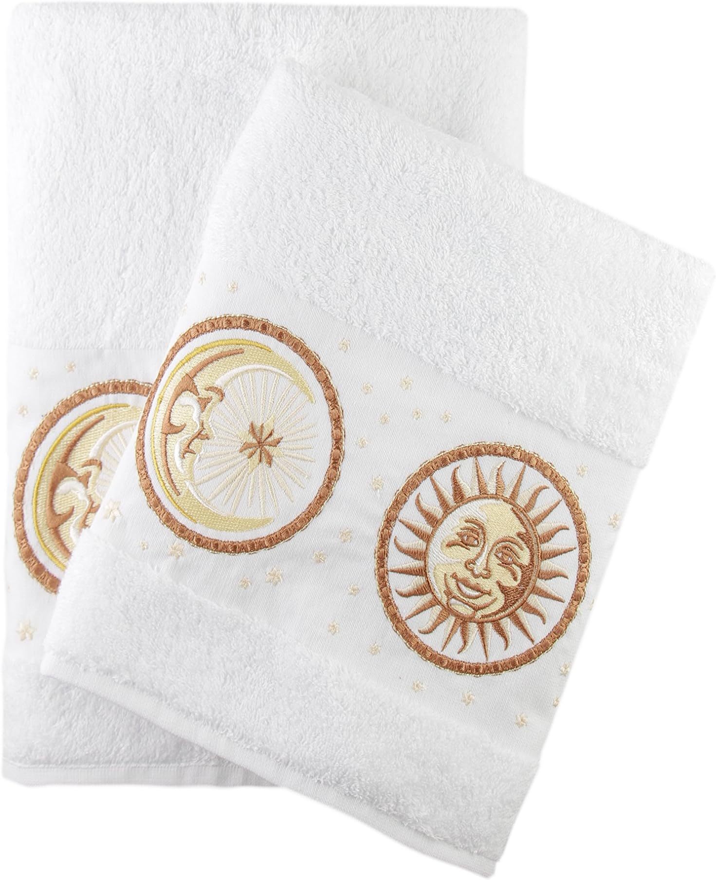 Ebru Luxury Sun & Moon Embroidered White Bath and Hand Towel 100% Cotton Bathroom Set & Gift