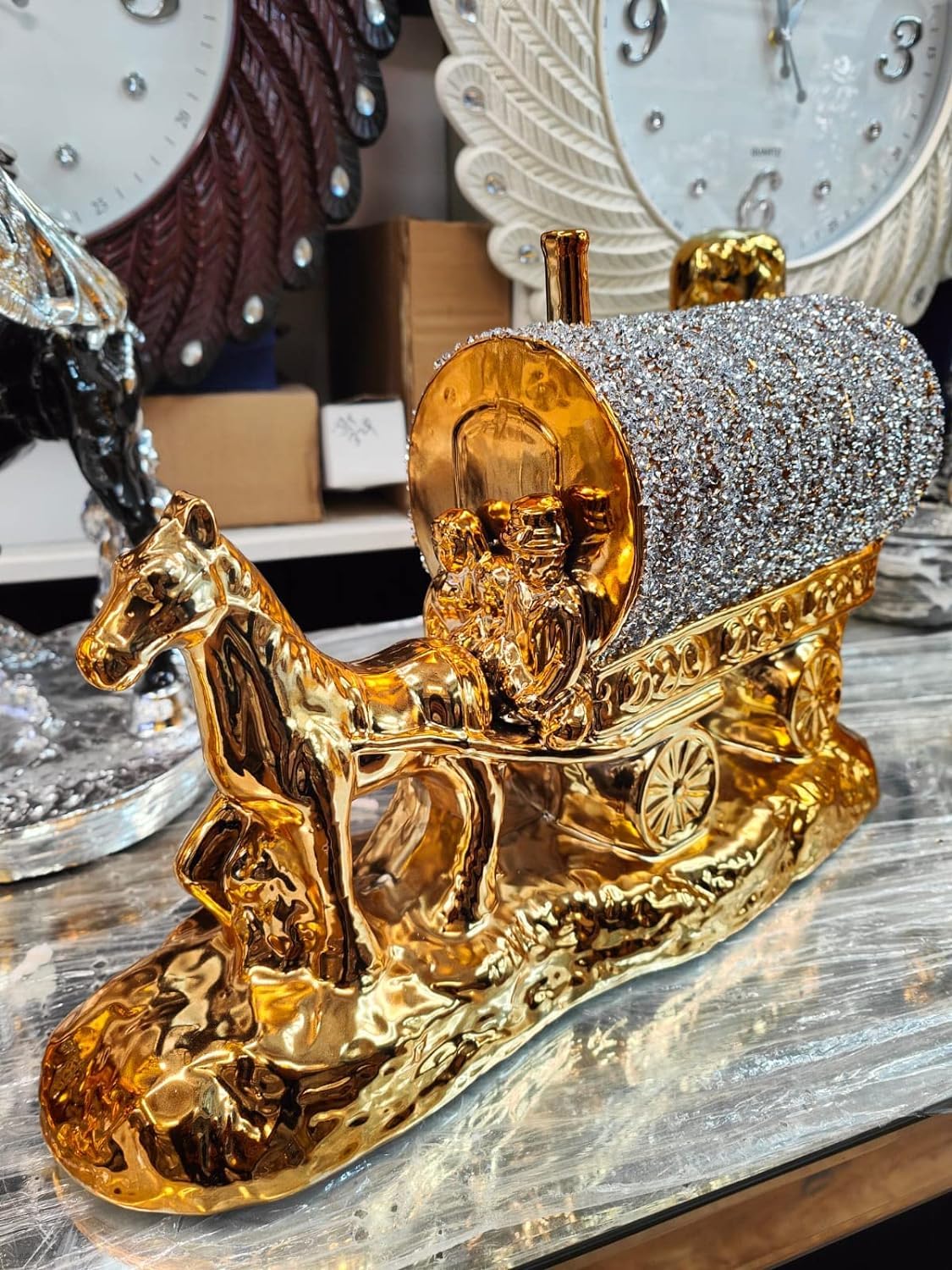 Biznest Gold & Silver Gold And Silver Horse With Round Wagon Gypsy Crushed Diamond Carriage Ornament Shelf Sitter Caravan