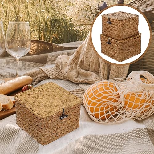 Miniatura 4 de Yardwe Cesta de papel higiénico, cestas de almacenamiento de pastos marinos con tapa, 2 cubos de mimbre tejidos a mano, cajas organizadoras