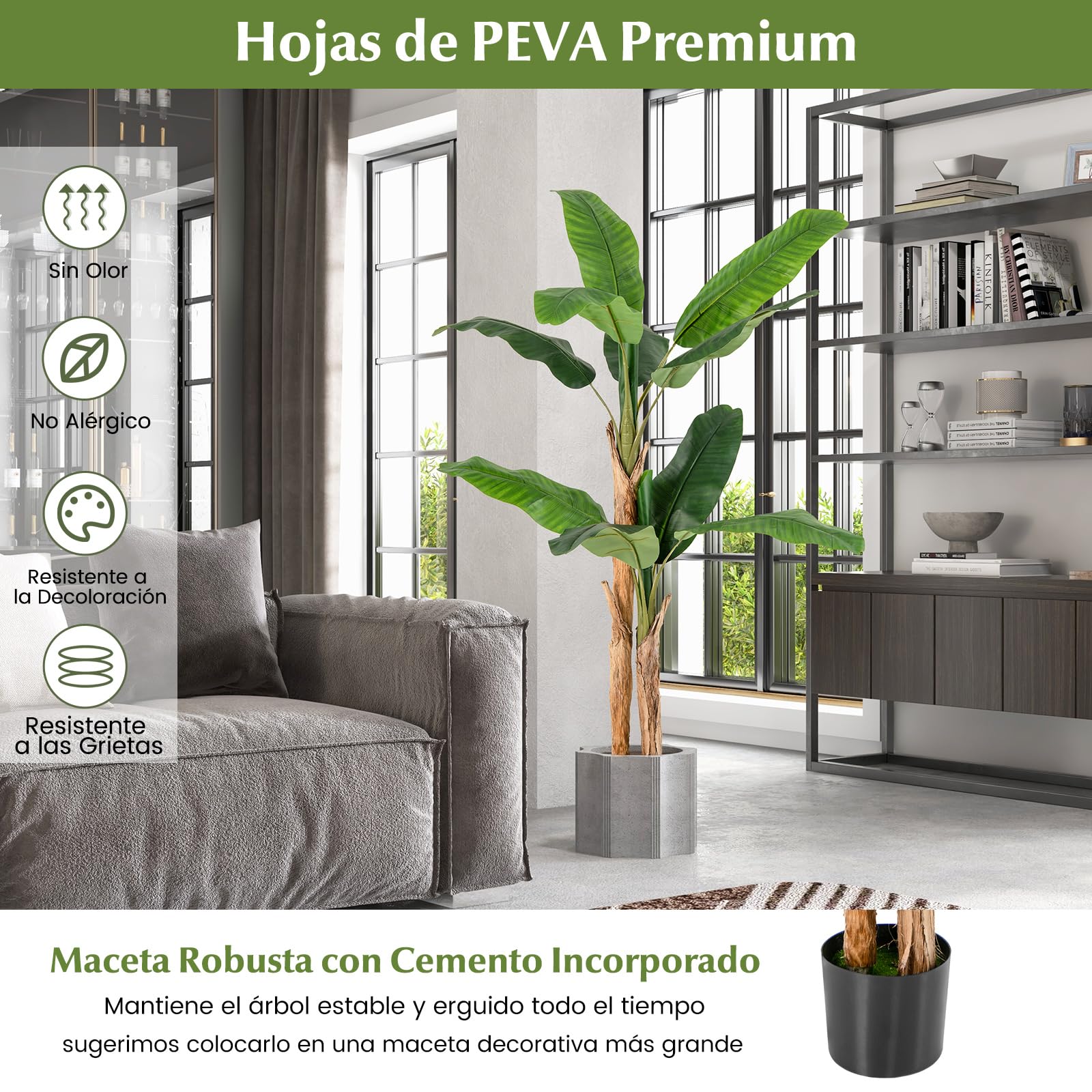 COSTWAY Plátano Artificial, Platanera Artificial con 27 Hojas Grandes y Macetero, Platanera Decorativa para Oficina Terraza Jardín Salón Hogar, Planta Artificial, Verde (165 cm)