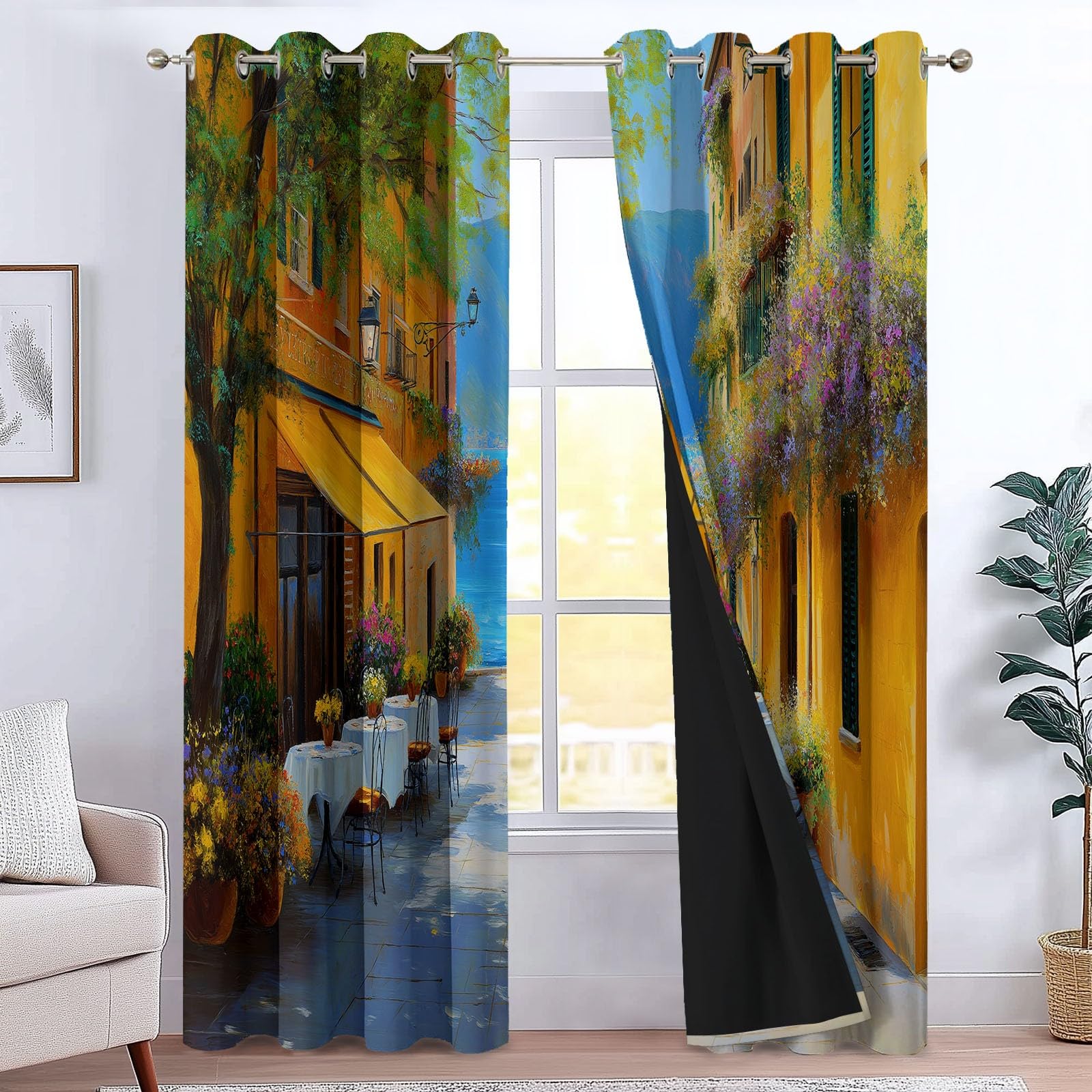 Zestaw 2 zasłon zaciemniających 91,5 l x 214 H cm (dł. x wys.) z izolacją termiczną z oczkami, dekoracja na wybrzeże, stół pejzażowy, do sypialni, salonu, zabiegów dzieci, żółte zasłony wewnętrzne