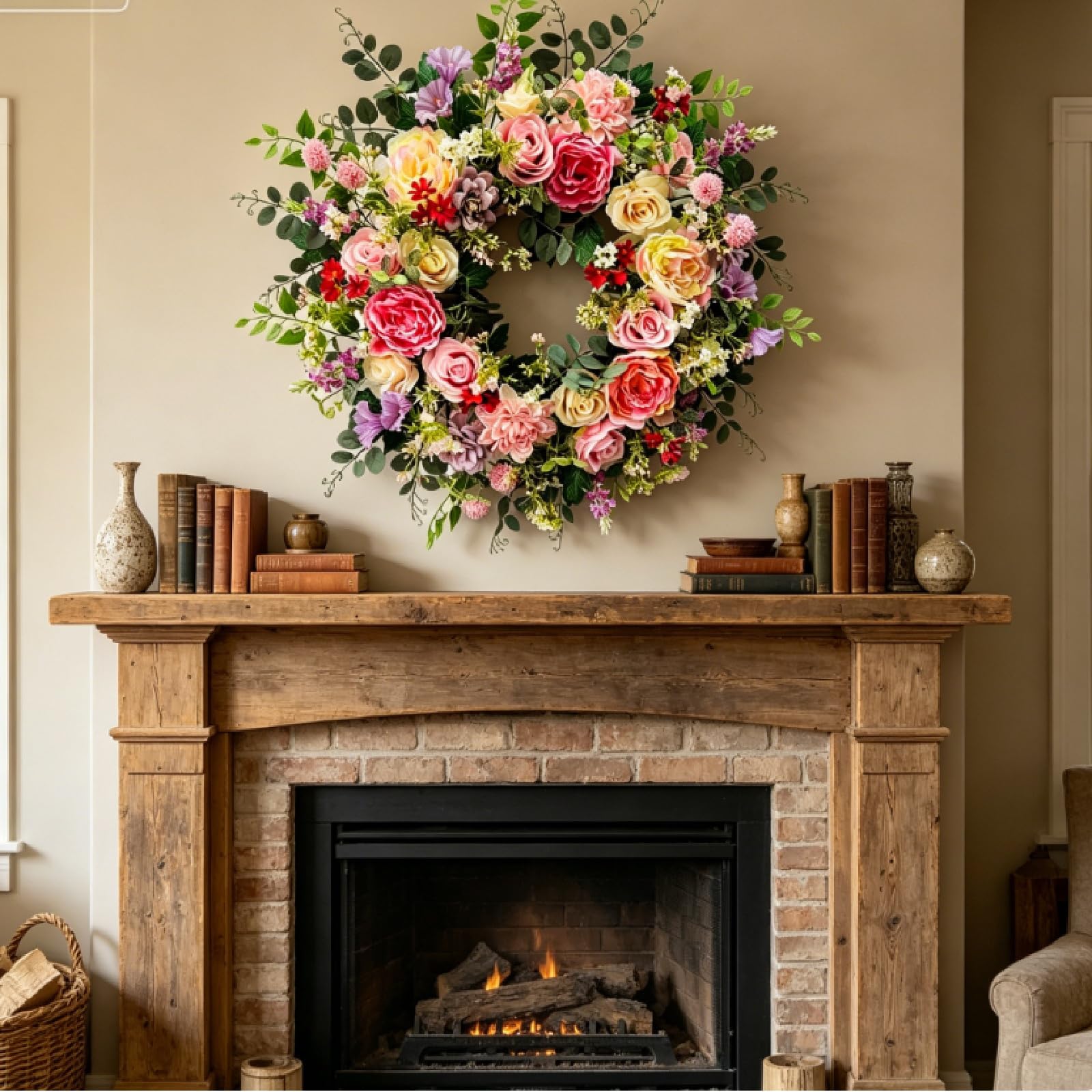 Künstlicher Rosenkranz mit Rosen Pfingstrose und Eukalyptus, 45 cm Frühlings- und Sommerkranz, für Garten, Eingangstür, Fenster, Hochzeit, Party, Festival, Weihnachten