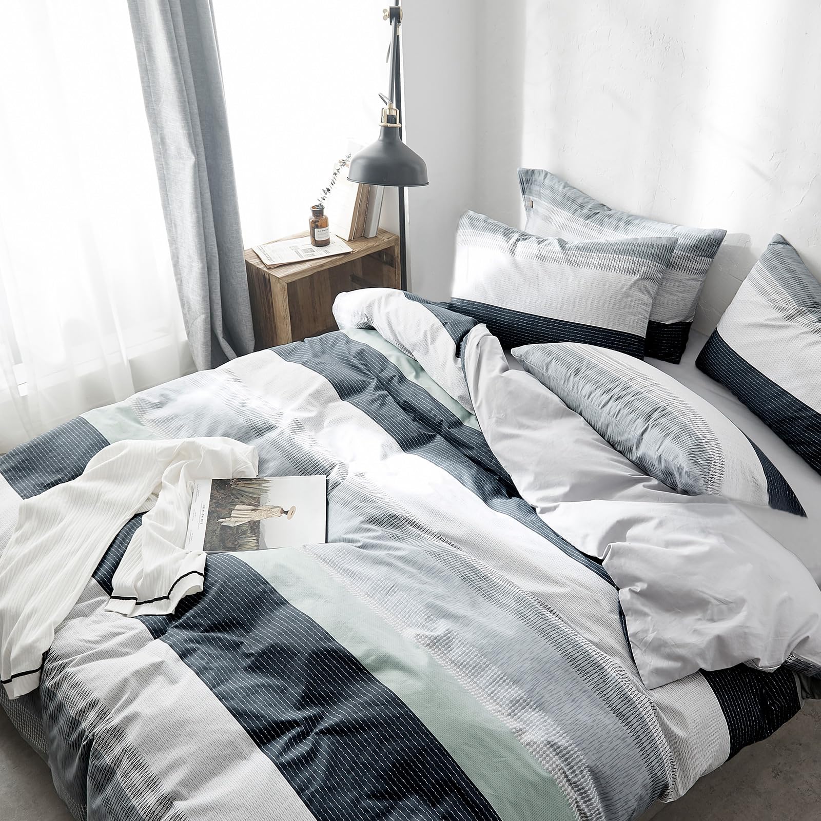 Striped Duvet Cover Set 100% Cotton,Queen(90"x90"),Grey/Blue/Green Stripes