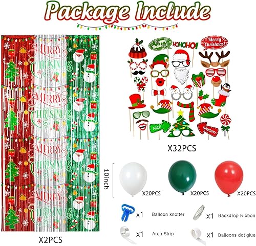 Miniatura 3 de Avezano Juego de 98 piezas de decoraciones navideñas, cortinas de oropel con flecos de papel de aluminio de Feliz Navidad, globos de arco de