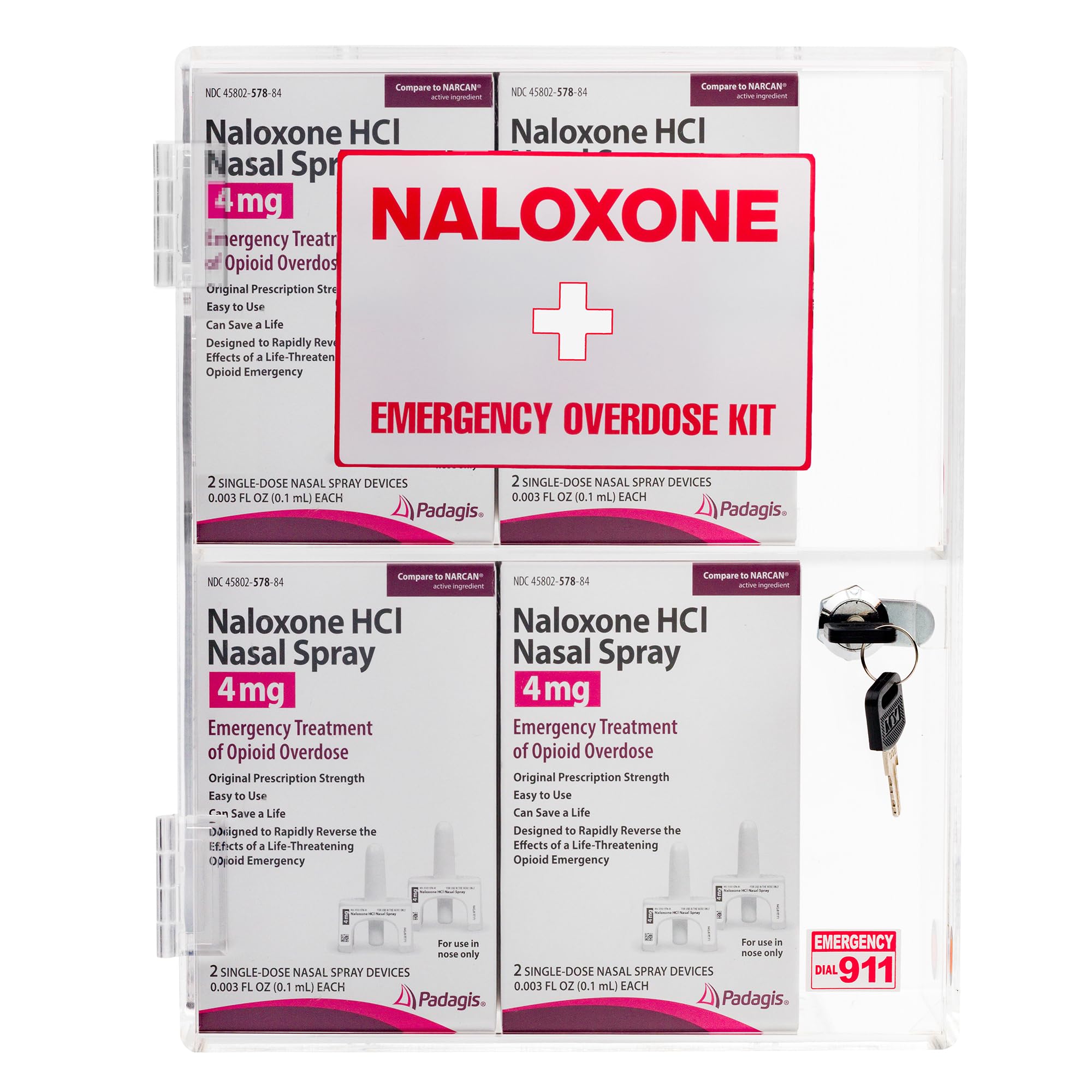 Kit de emergencia de sobredosis de naloxona para montaje en pared, diseñado a medida para espacios públicos para contener 6 cajas y accesorios de naloxona, incluyendo kits de primeros auxilios o