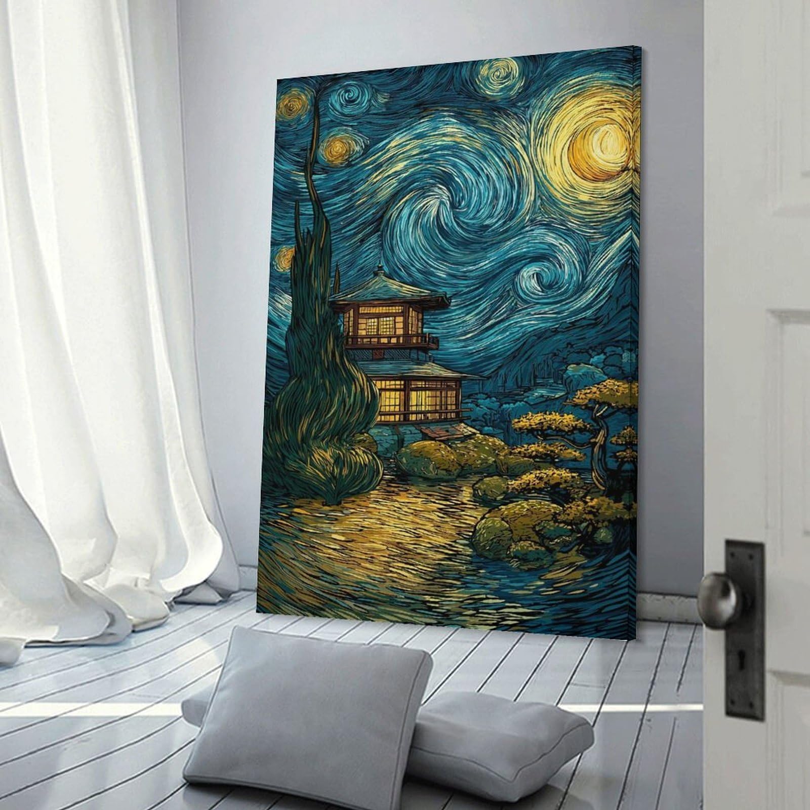 Junmoney Frame-Style-8 Canvas Wall Picture Japanese Temple Under Starry Night Sky, 20X30inch(50X75cm), For Bedroom, Lounge Or Dressing Area, Stylish Decor For A Restful Room Update