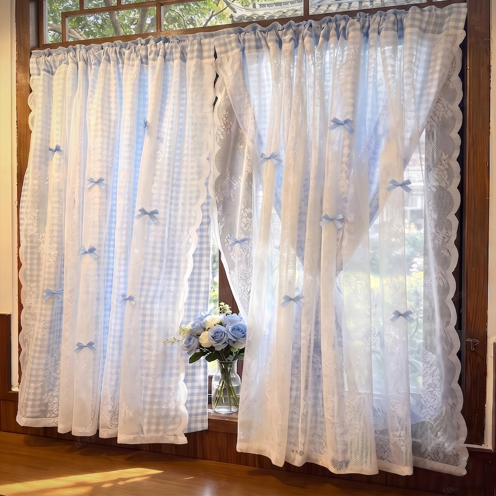 Generico Tenda Quadretti Morbida, Tende in Tulle a Doppio Strato con Lacci,Set da 2,A,W*H:200x150cm/79x59″