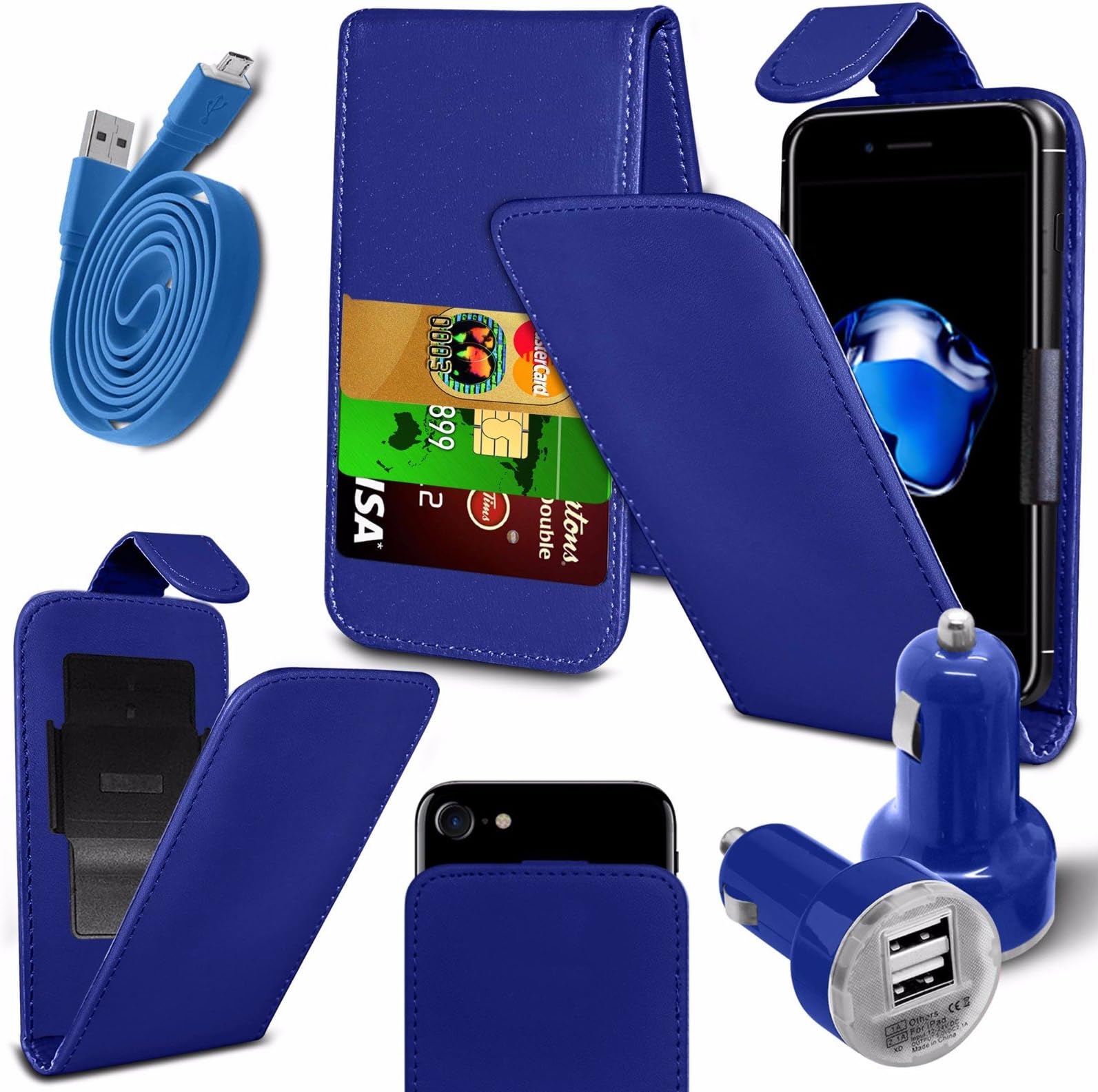 BLU Grand XL (5.5") - PU Leather Slide-Up / Down Spring Pocket Top Flip Folio Phone Case Cover + Dual Bullet Charger + Micro USB 1 Metre Flat Data Cable - Hot Blue