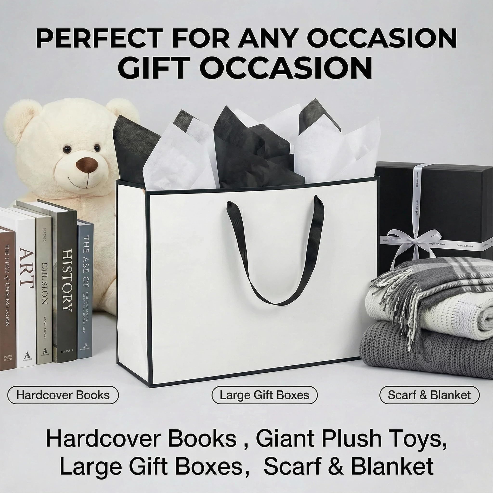 JUNESHE Lot de 3 grands sacs cadeaux blancs et noirs de 35,1 cm avec poignées assorties en papier de soie blanc et noir pour fête, shopping, anniversaire, mariage