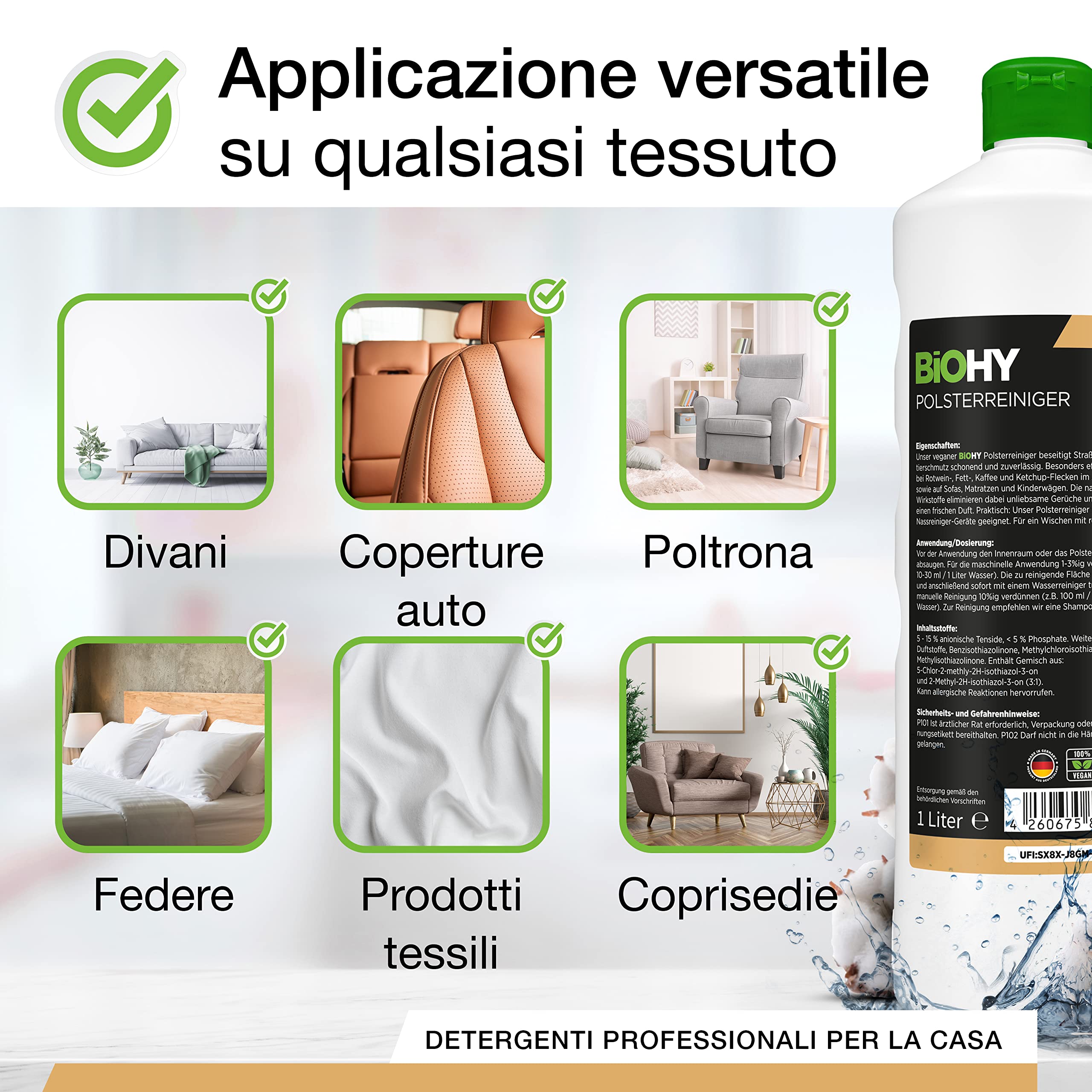 BiOHY Detergente per tappezzeria (Lattina da 10 Litri) | Ideale per sedili auto, divani, materassi, ecc. | Adatto anche per lavapavimenti (Polsterreiniger)