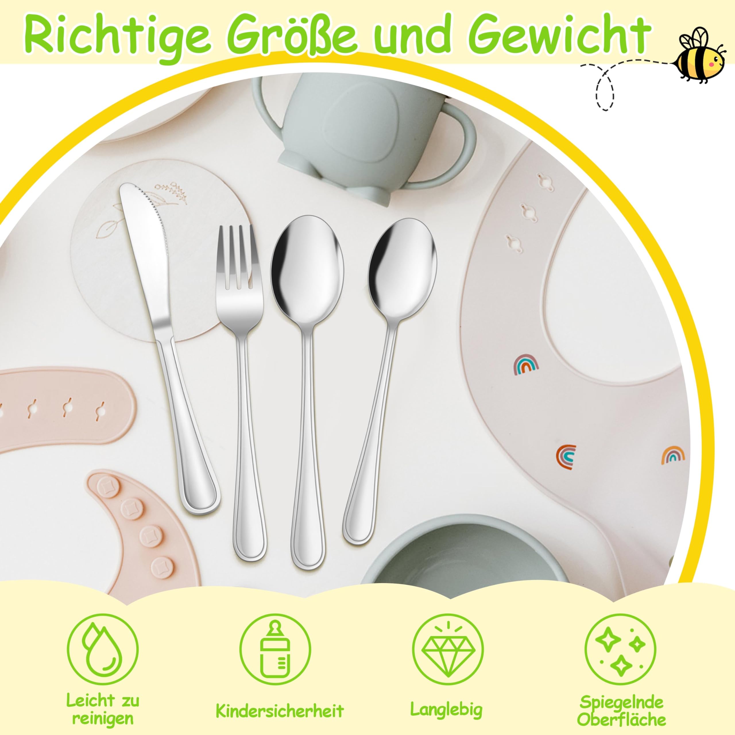 Herogo Set di 8 posate per bambini, in acciaio inox, con manico elegante, posate per bambini con 2 forchette per bambini, 2 cucchiai per bambini, 2 coltelli per bambini, 2 cucchiai piccoli, finitura a