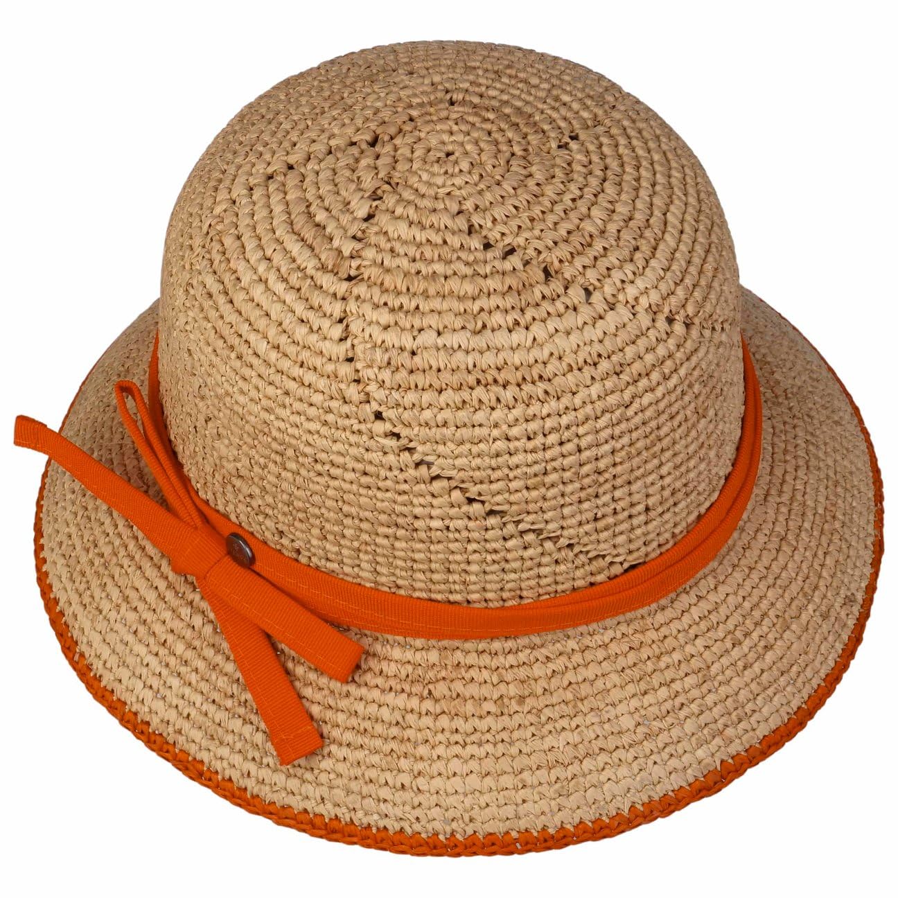 SOMBREROSHOP Anira Crochet Sombrero Cloche Paja con Lazo y Banda Textil Mujer Primavera Verano