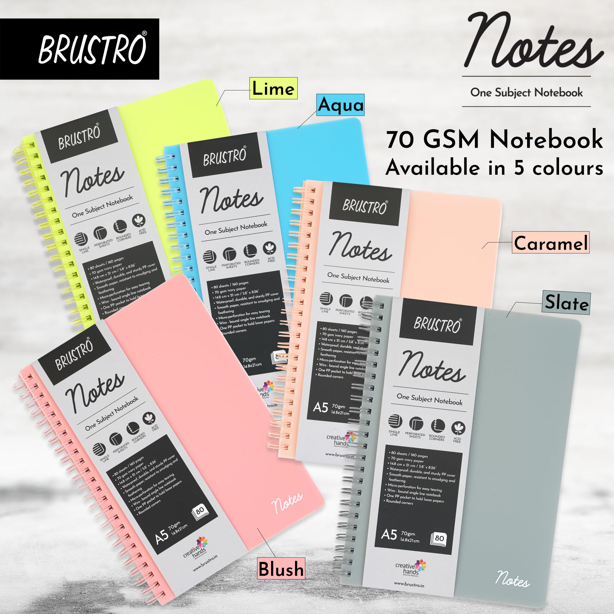 BRUSTRO Notas tamaño A5, cuaderno de 1 materia rayada, 80 hojas/160 páginas, papel marfil de 70 g/m², cubierta aguamarina, diseño encuadernado con alambre, esquinas redondeadas, hojas microperforadas