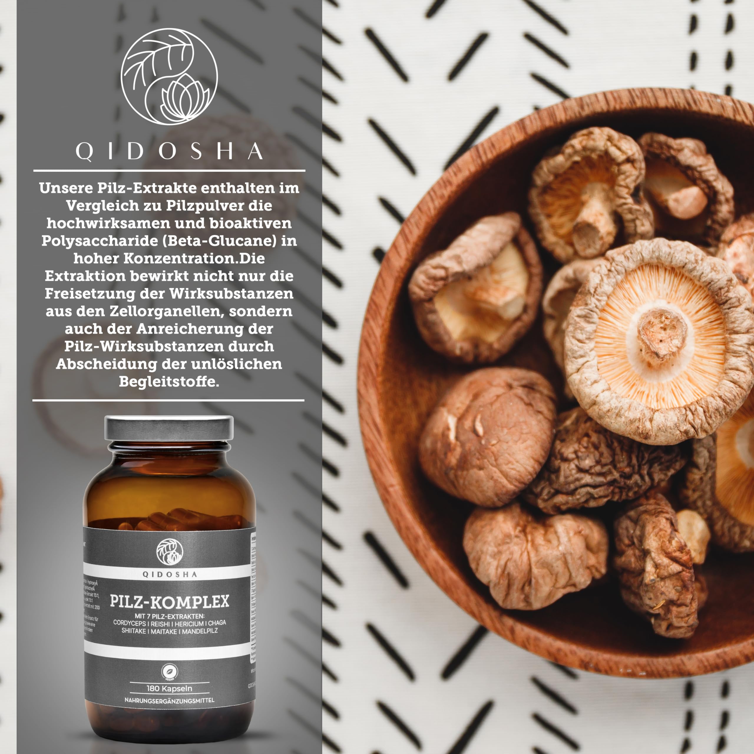QIDOSHA® Pilz Komplex Kapseln, 180 Stk im Apothekerglas, hochreine Dual-Extrakte aus den 7 Vitalpilzen Cordyceps, Reishi, Hericium, Chaga, Maitake, Shiitake, Agaricus blazei (Mandelpilz), vegan