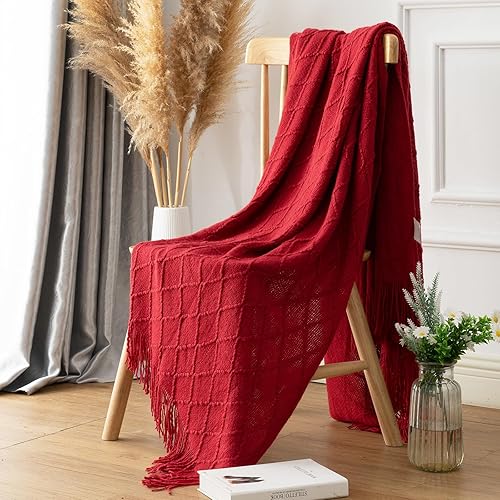 Manta de punto rojo para sofá, suave, ligera, decorativa, de acrílico, bohemio, manta tejida cálida con borla para viajes, sofá, dormitorio (50 x 60