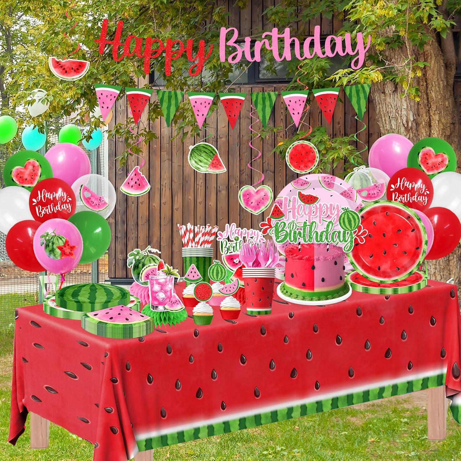 Watermelon Party Decorations Summer Fruit Party Supplies Red Green Pink Watermelon Plates ,Napkins, Forks, Balloons, Banner, Cupcake Toppers,Tablecloth for One in a Melon Birthday Party Serves 24