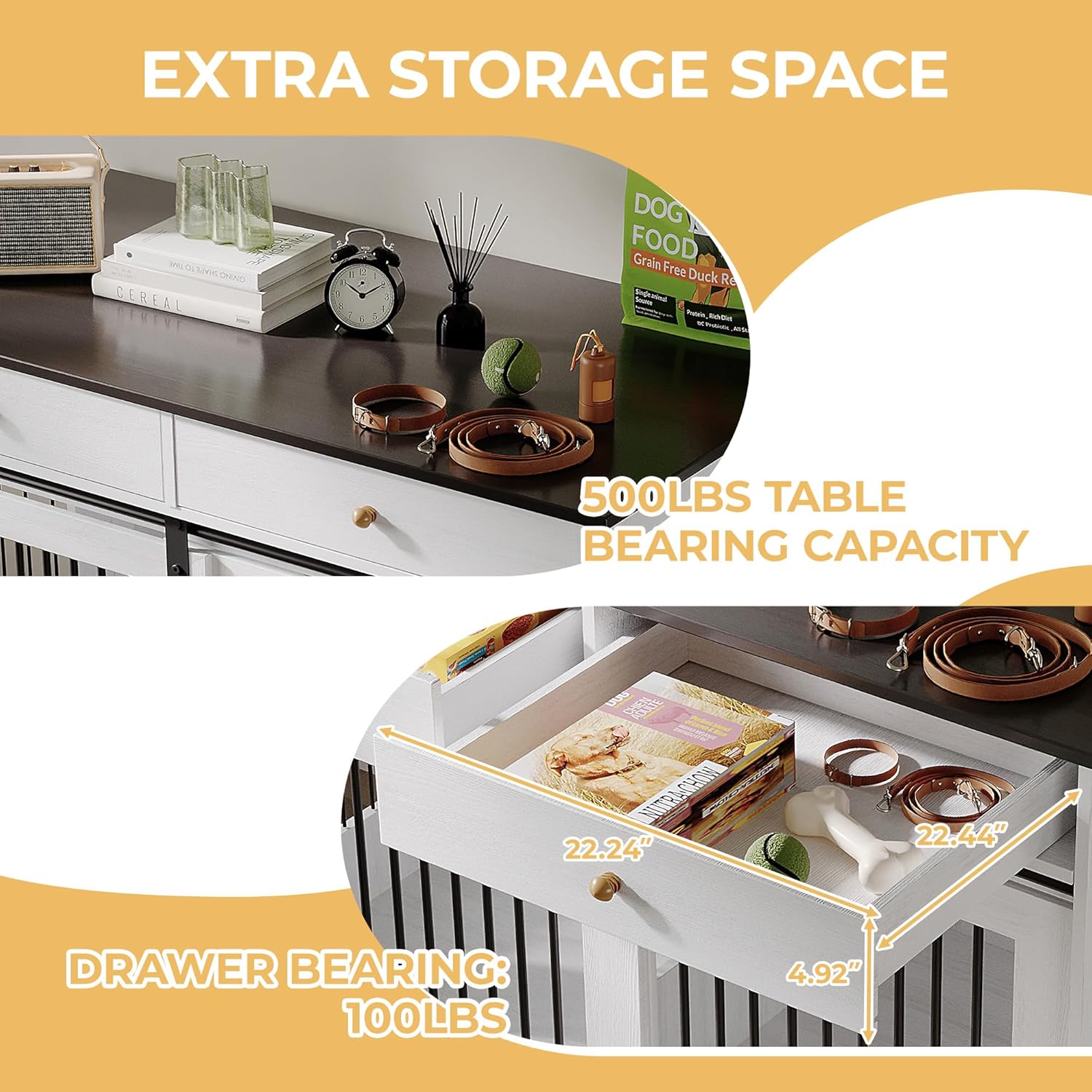 47 in Dog Furniture Crate, Large Furniture Style Dog Crate w/ 2 Storage Draws & Removable Divider & Triple Door Design for Large/Medium/Small Dogs，White