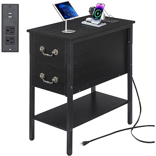 VECELO End Tables,Narrow Nightstands with Charging Station & USB Ports &Drawers,Night Stand for Living Room, Bedroom