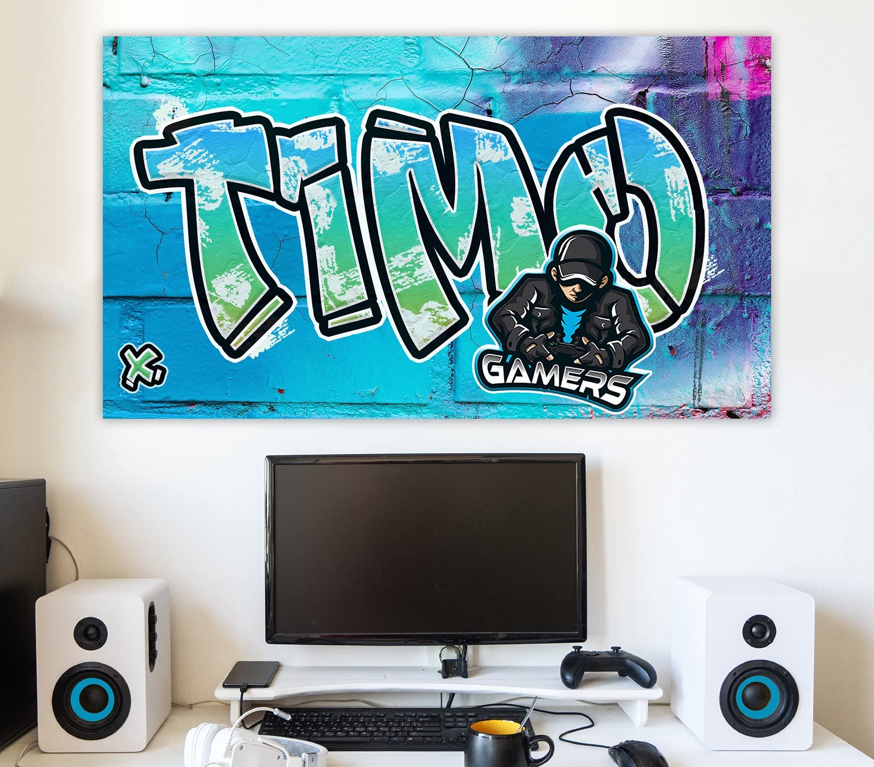timalo® Cooles Graffiti Bild mit Namen | Modernes Wandposter für Jungs und Mädchen Teenager Kinderzimmer Wandbild Mauer schwarz-weiss Zimmer Poster personalisiert | gamer13-B180xH61cm-new