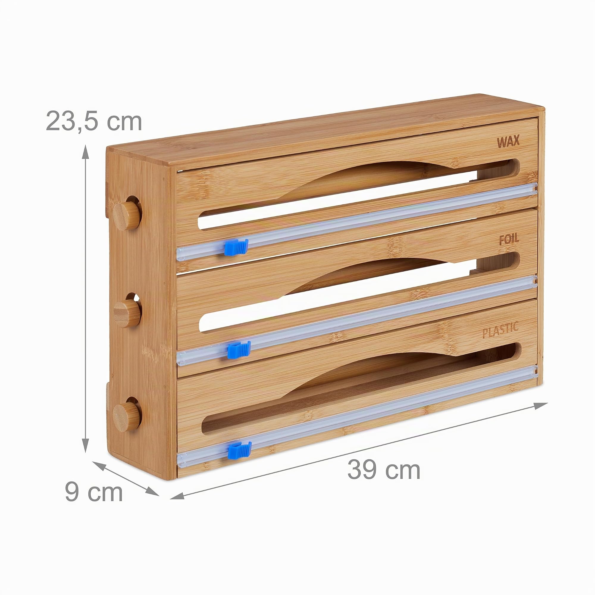 Relaxdays Dispensador Film 3 en 1, para Pared o Cajón, 23,5 x 39 x 9 cm, Bambú, Cortador Papeles para Cocinar, Natural