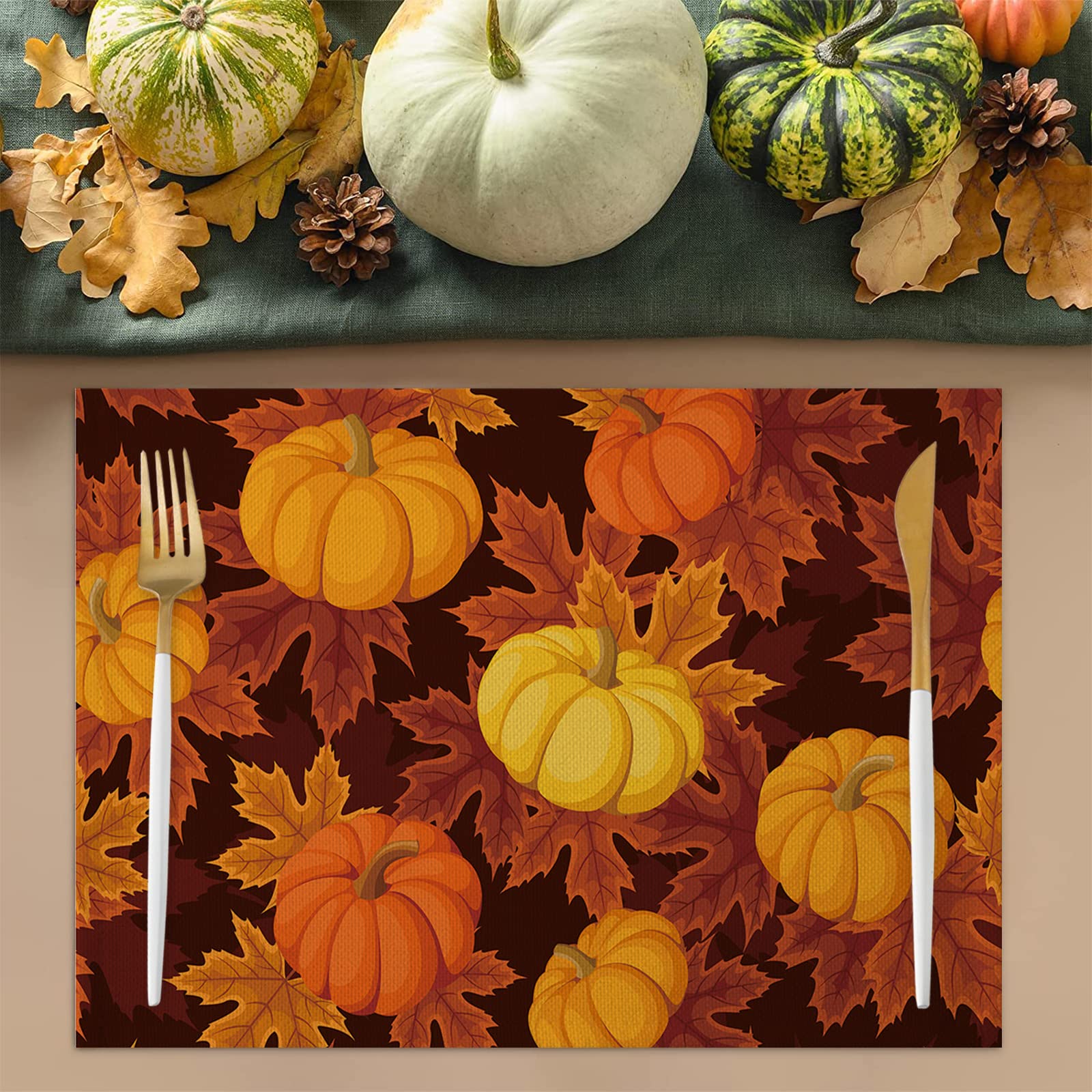 Thanksgiving Placemats Set of 6,Cotton Linen Heat Resistant Table Mats Washable Farmhouse Harvest Pumpkin Maple Leaves It's Fall Y'all Placemat for Holiday Banquet Party Dining Kitchen Table Decor
