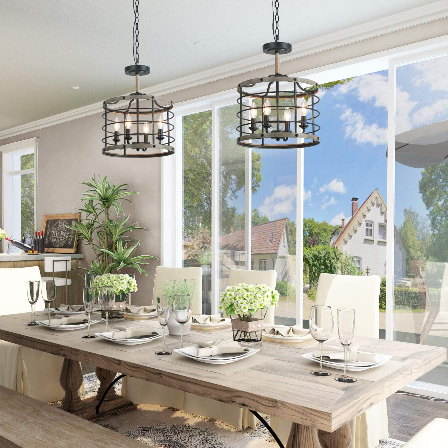 New Deal Cage Farmhouse Chandelier, Drum Chandelier for Dining Room Hanging, 4-Lights Rustic Industrial Lighting for Foyer, Kitchen, Hallway