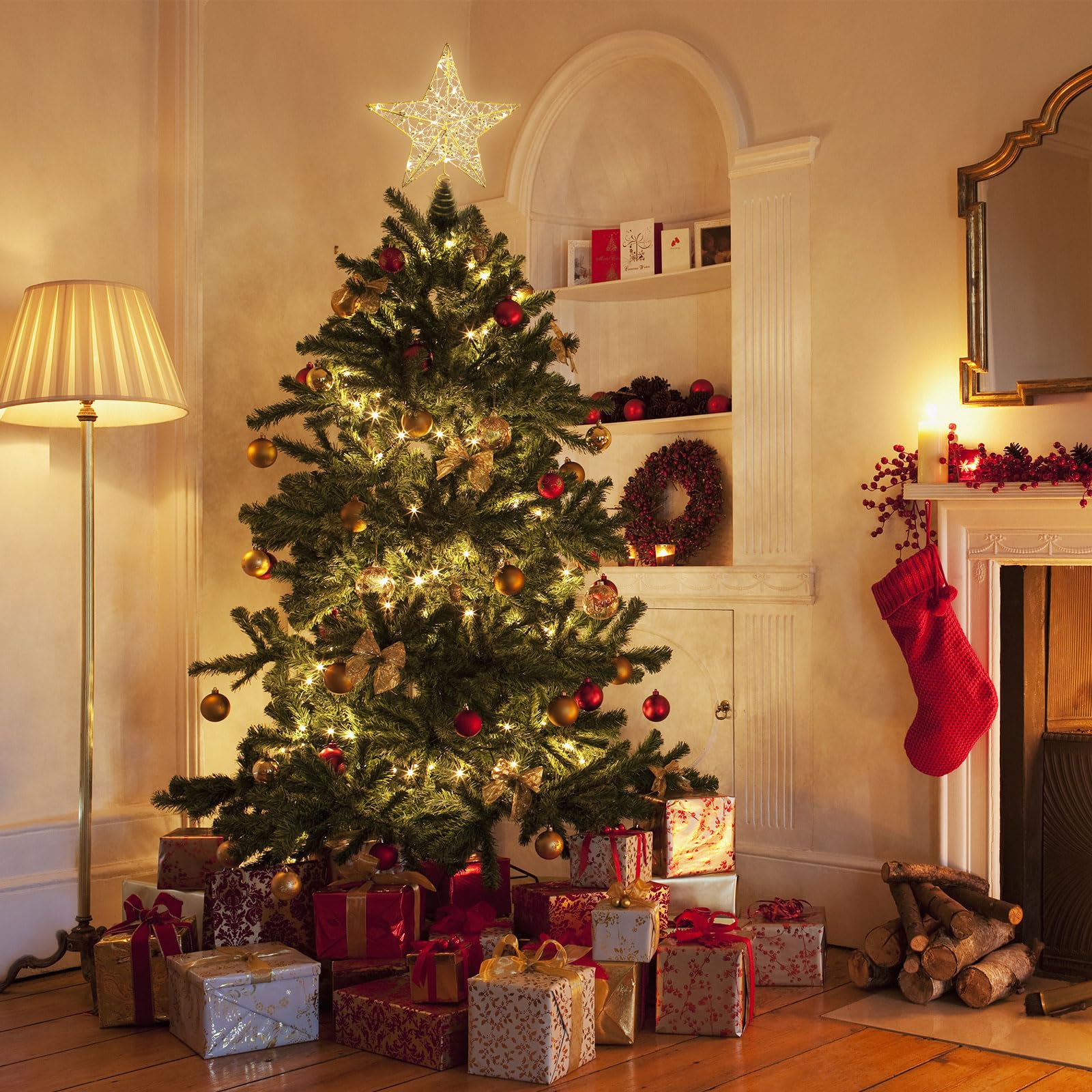 Cimier de sapin de Noël doré pailleté avec 20 lumières LED pour décorations de Noël, décorations de vacances, décoration d'intérieur - 25,4 cm