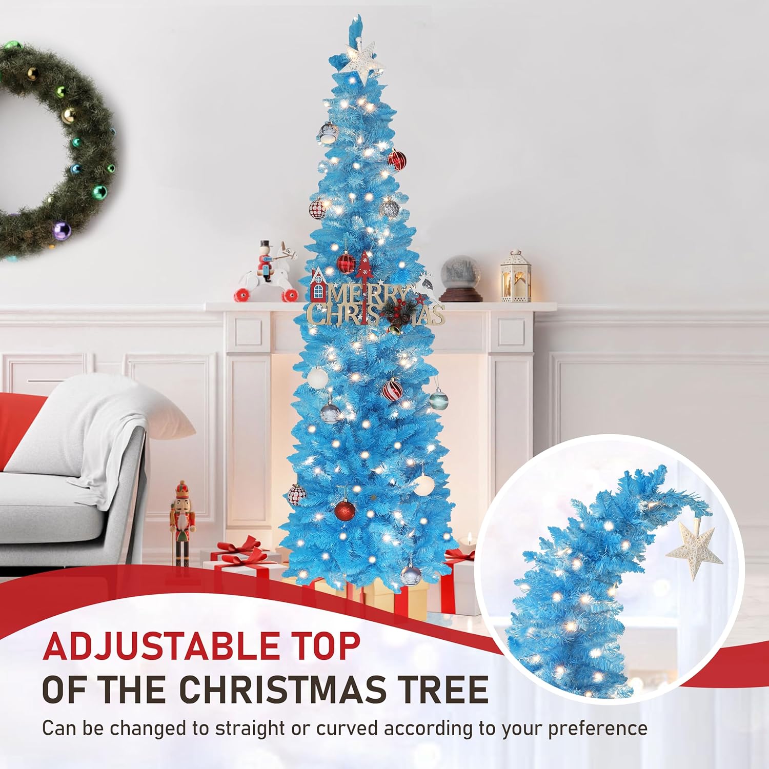 Yardenaler 6 FT Christmas Tree, Bendable Artificial Whimsical Christmas Tree with 200 LED Lights, Pre-lit Pencil Xmas Tree with 536 PVC Branches & Metal Stand for Holiday, Home, Party, Blue
