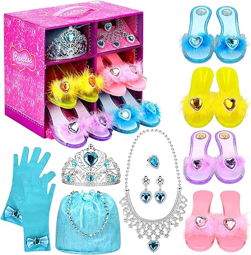 Juego de zapatos de vestir de princesa, juguetes de vestir para niñas, kit de joyería de simulación para niñas pequeñas de 3 a 6 años, kit de 4