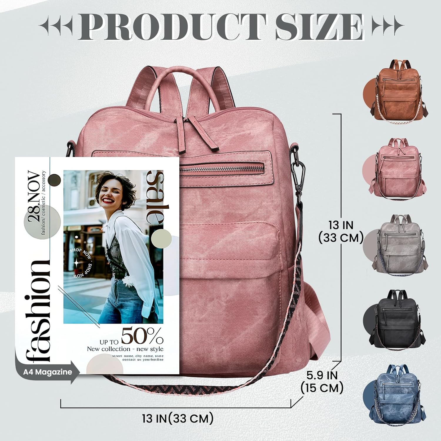 Backpack Purse for Women, PU Leather Backpack Purse, Multiple Pockets Anti Theft Back pack with Adjustable Straps, Women Back pack for Daily Work Travel, Pink - Image 3