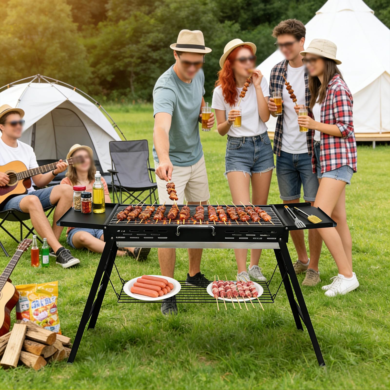 Barbacoa de carbón vegetal plegable barbacoa portátil carbón vegetal plegable barbacoa de jardín para aventuras al aire libre, picnics y camping, superficie de la parrilla 75 x 29,5 cm