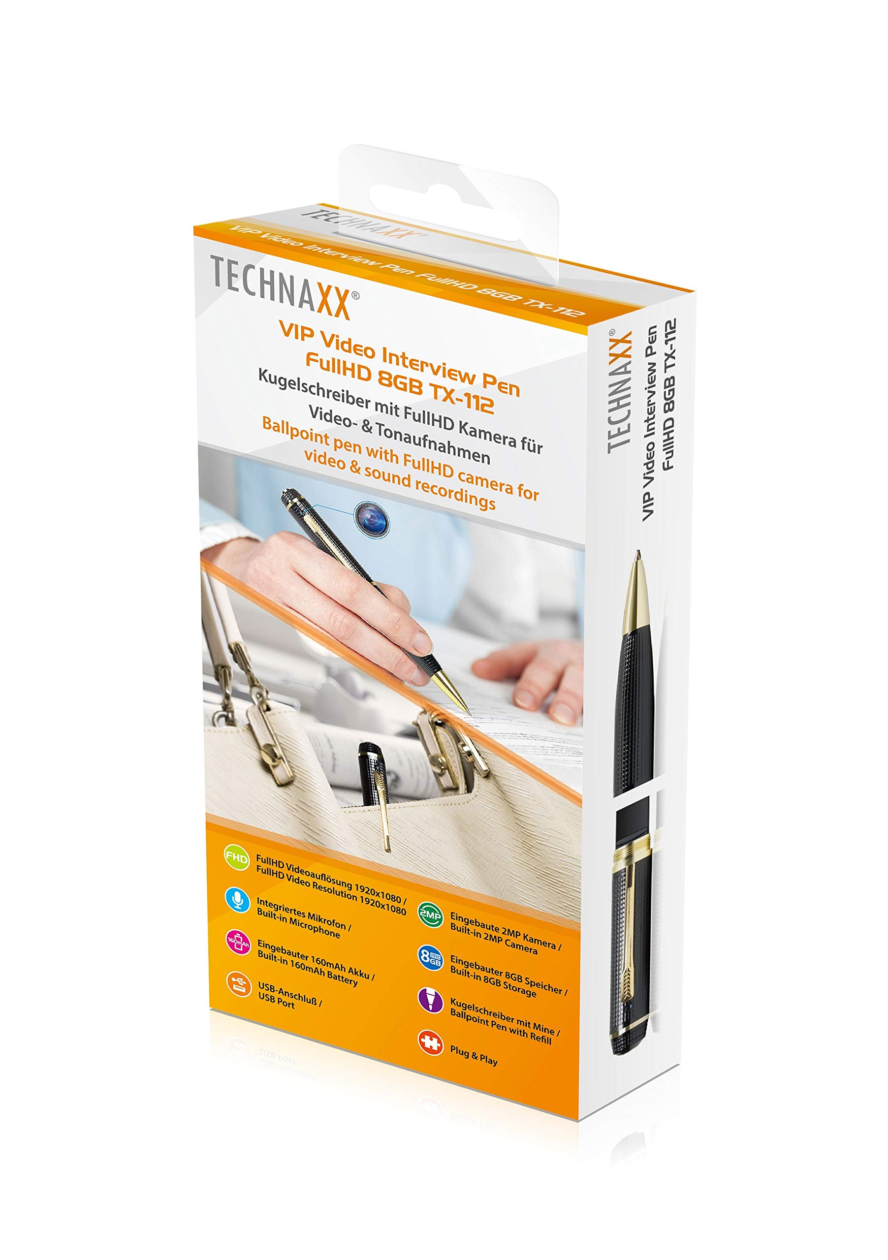 Technaxx Penna con videocamera FullHD e memoria interna da 8GB, registrazione video e audio, Funzione Plug and Play, USB, Batteria ricaricabile integrata TX-112