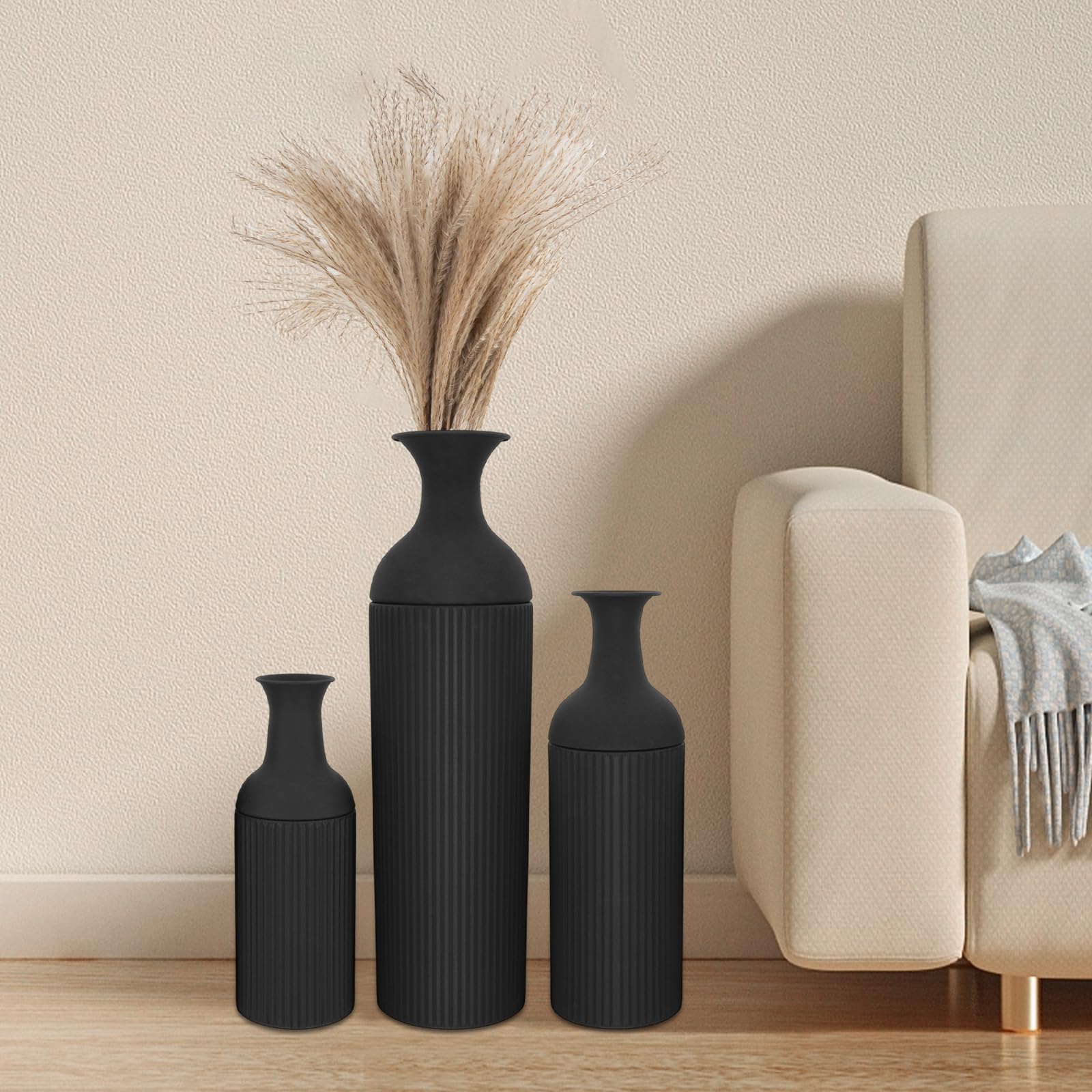 Set di 3 vasi da fiori grandi da pavimento, in metallo, moderno, per soggiorno, camera da letto, sala da pranzo, corridoio, 67/50/40 cm (nero)