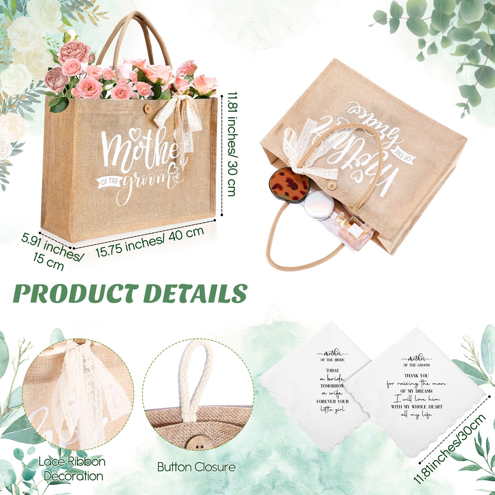 Hushee 2 Sets Mother Of The Bride And Mother Of The Groom Gifts Set Includes 16 Oz Glass Cups Canvas Tote Bags Cosmetic Bag Handkerchief Candle For Mom Bridal Shower Wedding Gifts(Eucalyptus