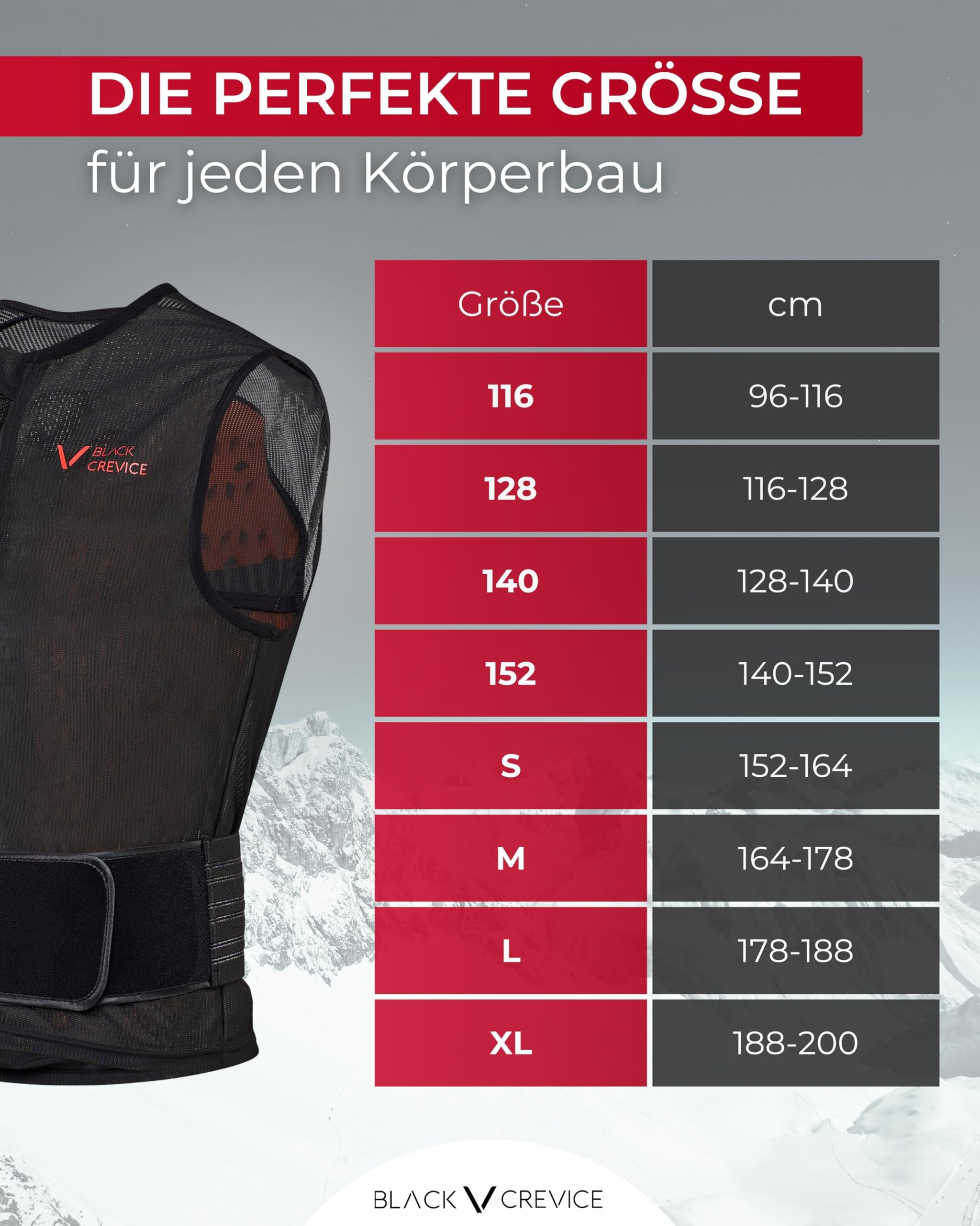 BLACK CREVICE Rückenprotektoren Weste für Kinder, Jugendliche & Erwachsene I Atmungsaktive Weste mit Anti-Shock-Schaum I Verstellbarer Hüftgurt für optimalen Sitz I Versch. Größen