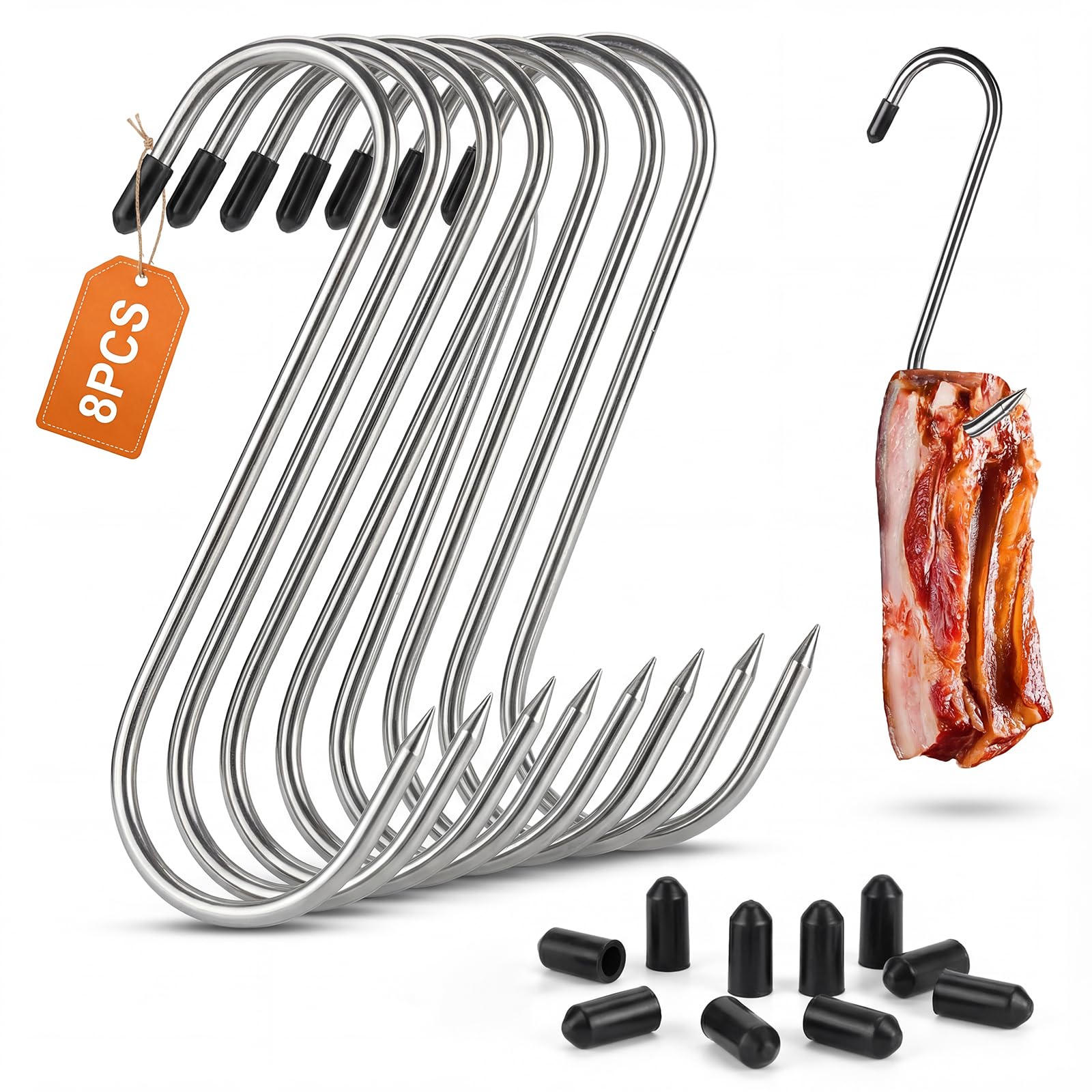 8 ganci da macellaio per appendere, carico 50 kg-5 mm* 18 cm, ganci per carne a forma di S per appendere, ganci a S in acciaio inossidabile, ganci a forma di S in metallo, per macellazione, barbecue