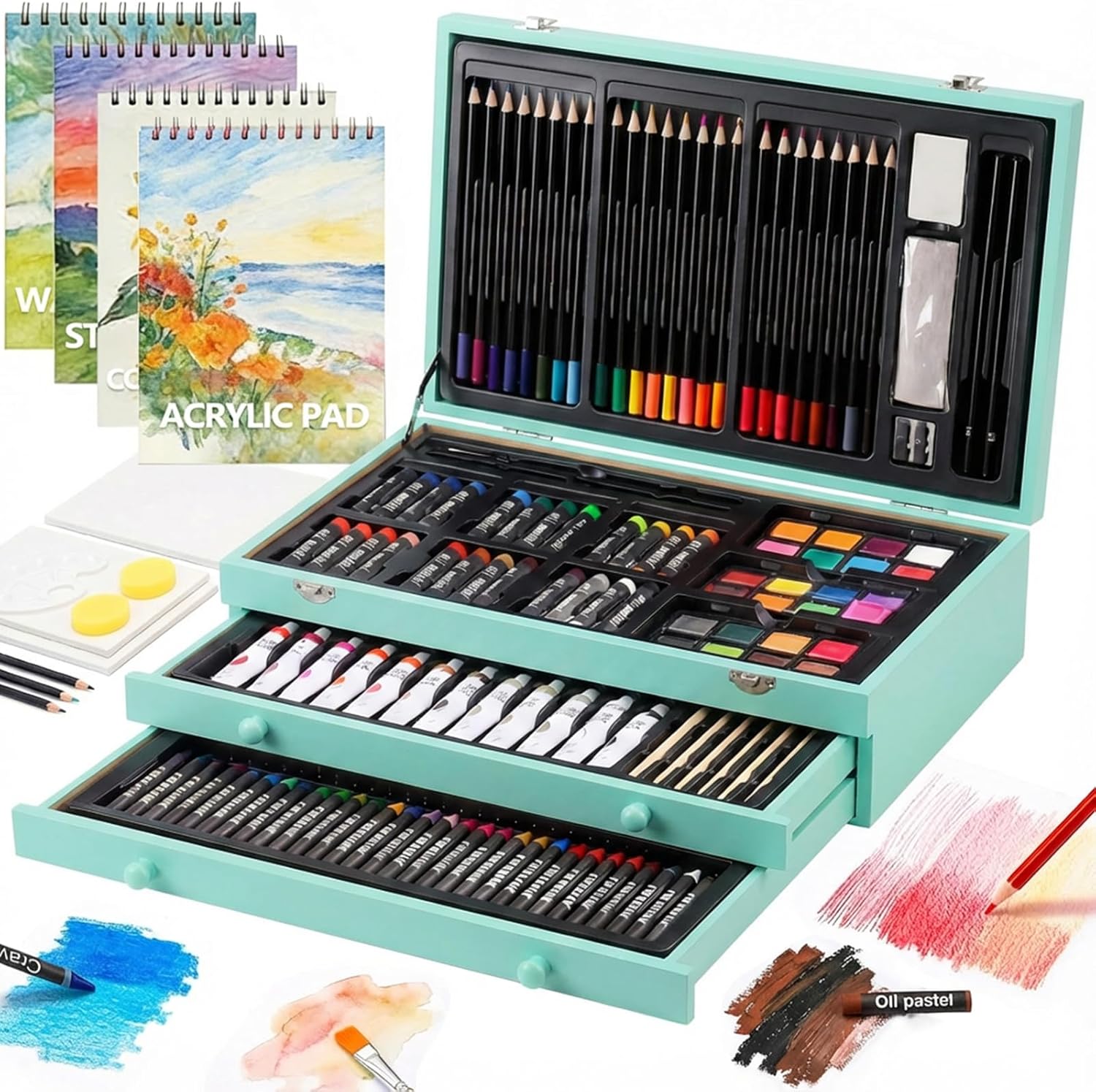 194 Piece Deluxe Art Set, Painting Drawing Art Supplies with 4 Drawing Pads, Acrylic Paints, Crayons, Colored Pencils Set in Wooden Case, Art Kit Gift Box for Kids, Teens, Adults, Artists, Beginners