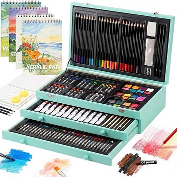 194 Piece Deluxe Art Set, Painting Drawing Art Supplies with 4 Drawing Pads, Acrylic Paints, Crayons, Colored Pencils Set in Wooden Case, Art Kit Gift Box for Kids, Teens, Adults, Artists, Beginners