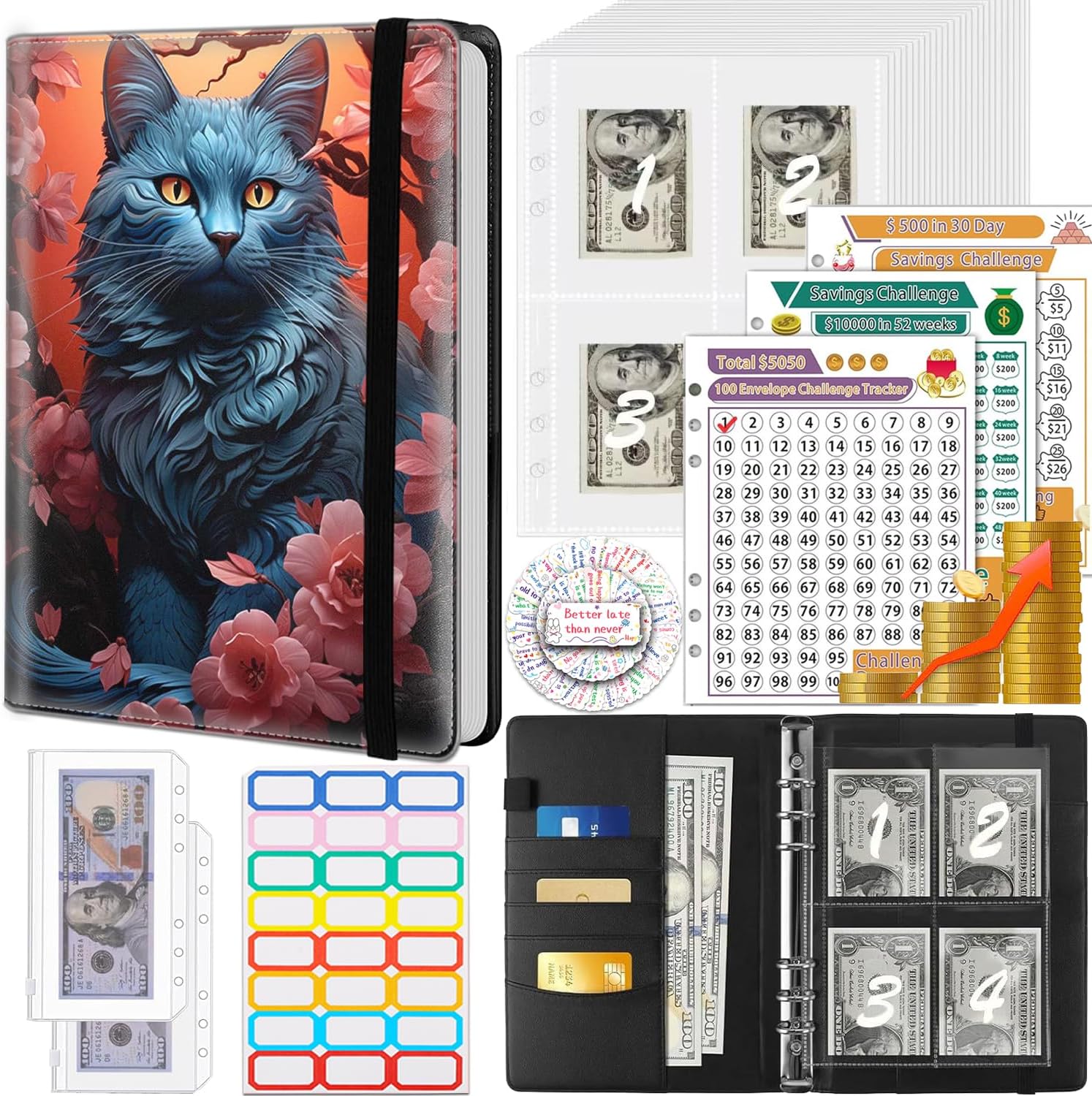 Money Saving Binder, 100 Envelopes Money Saving Challenge, Cash Envelopes Budget Binder & 3 Budgeting Planner Trackers, PU Leathers A5 Money Saving Planner Book，Flowers and Afro-Black Women