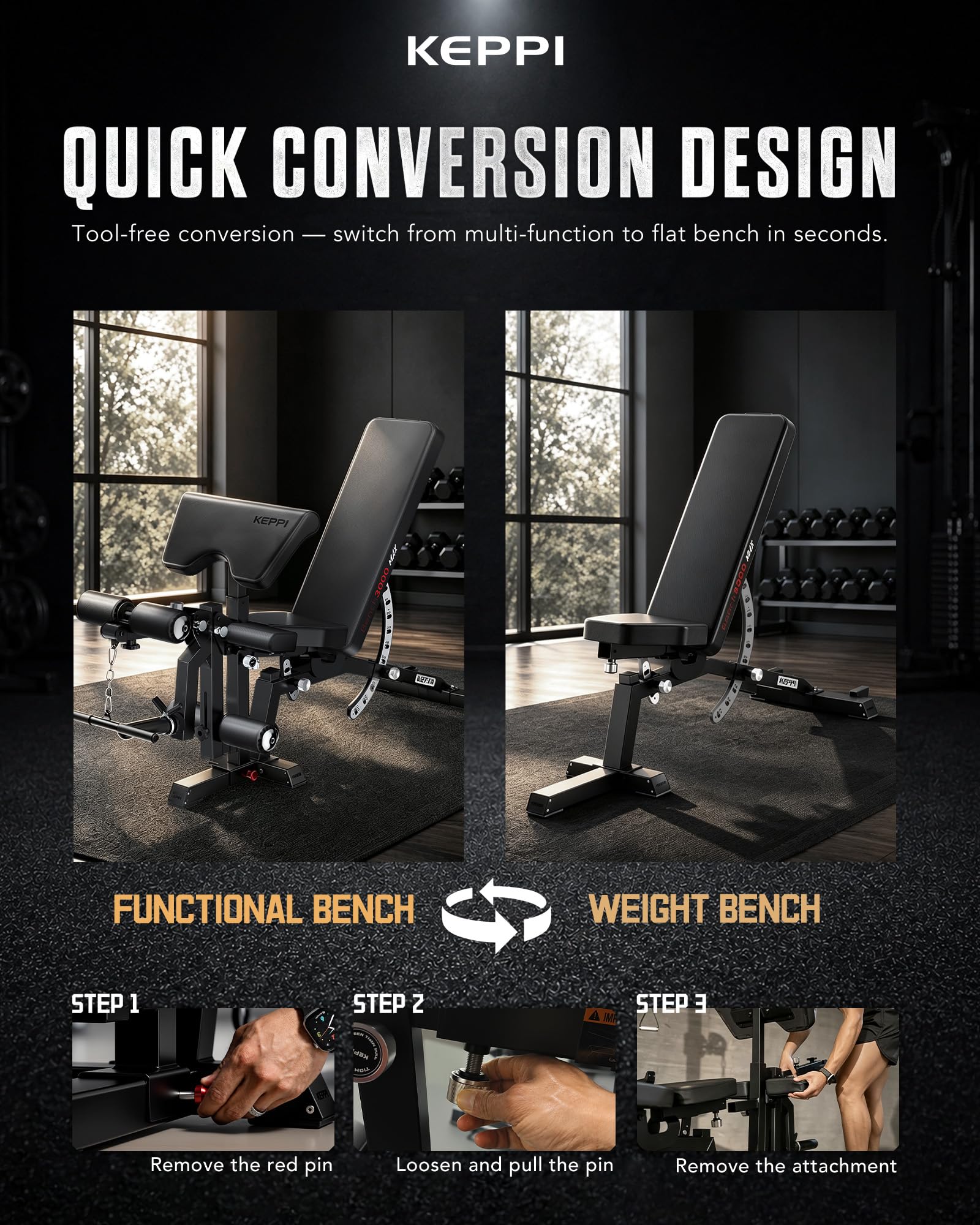 Functional Weight Bench - Bench3000 V2 for Leg Extension/Curl | 93lb Frame Weight with 8 & 16 Gauge Material, Commercial Grade Attachment with Ergonomic Design, 12+3 Multi-Angle