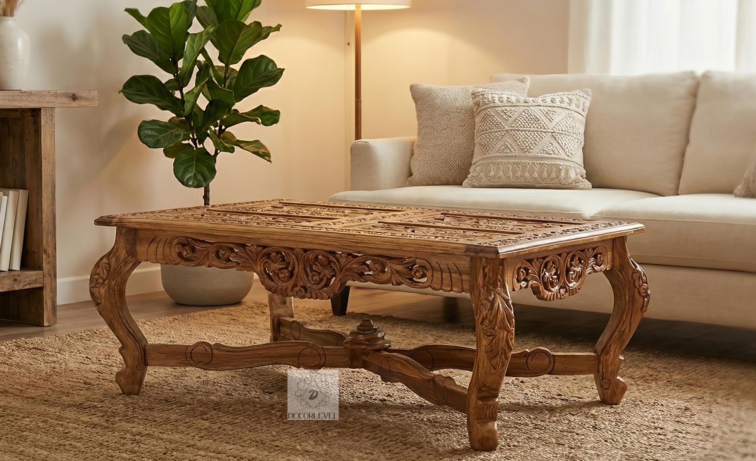 Hand Carving Teak Wood Coffee Center Table for Sofa Set Table Living Room Hall Bedroom Office Carving Table (Design 1)