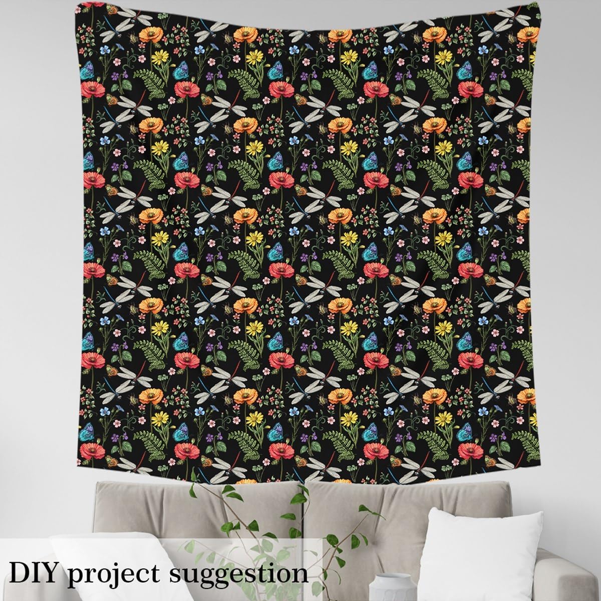 Dragonfly Upholstery Fabric by The Yard Watercolor Poppy Weed Rustic Plant DIY Fabric by The Yard Blue Butterfly Ladybug Animals Decor Fabric for Upholstery and Home Accents,2 Yards
