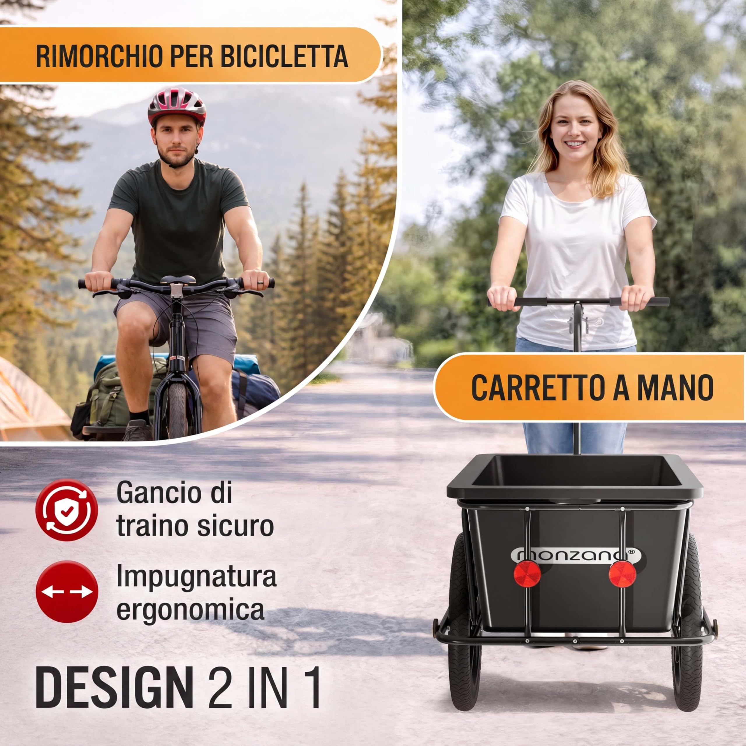 MONZANA® Rimorchio per Biciclette con Cassone in Plastica da 90L Gancio da Carico Carrello Trasporto Viaggi Bici Portaoggetti