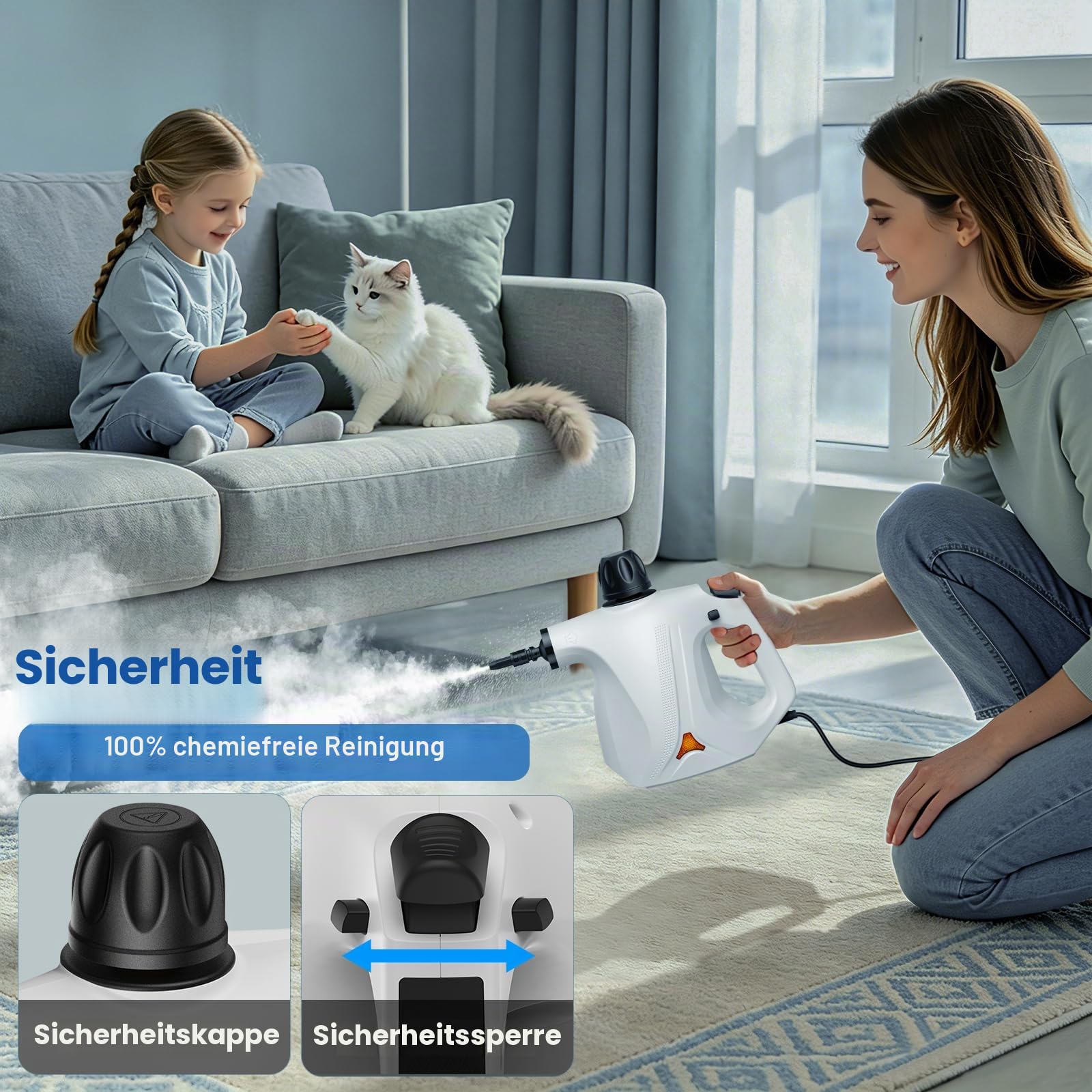 Handdampfreiniger mit Sicherheitsverriegelung und 14 Aufsätzen, geeignet für Badezimmer, Küchen, Möbel, Textilien, Fliesenfugen und Kochfelder (Schwarzweiß)
