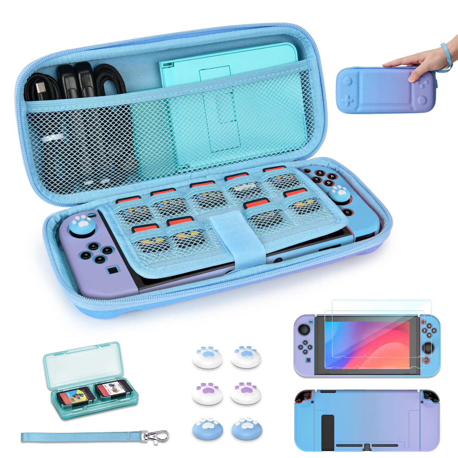 Younik Switch Funda para Switch 2017, 14 en 1 Paquete de Accesorios Para Switch con Estuche de Transporte, Accesorios Protectores Para Switch y J-Con, Estuche Para Tarjetas de Juego, Azul y Violeta