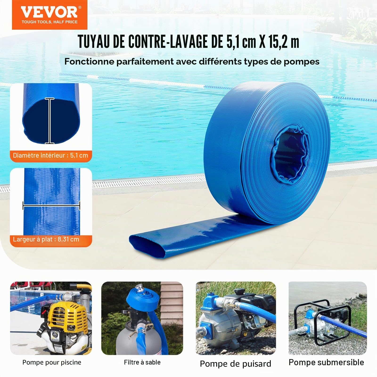 VEVOR Tuyau de lavage à contre-courant, 2 po x 50 pi, tuyau de décharge plat en PVC robuste avec raccords Camlock C & E en aluminium, pinces, compatible avec les pompes, filtres à sable, pour vidange