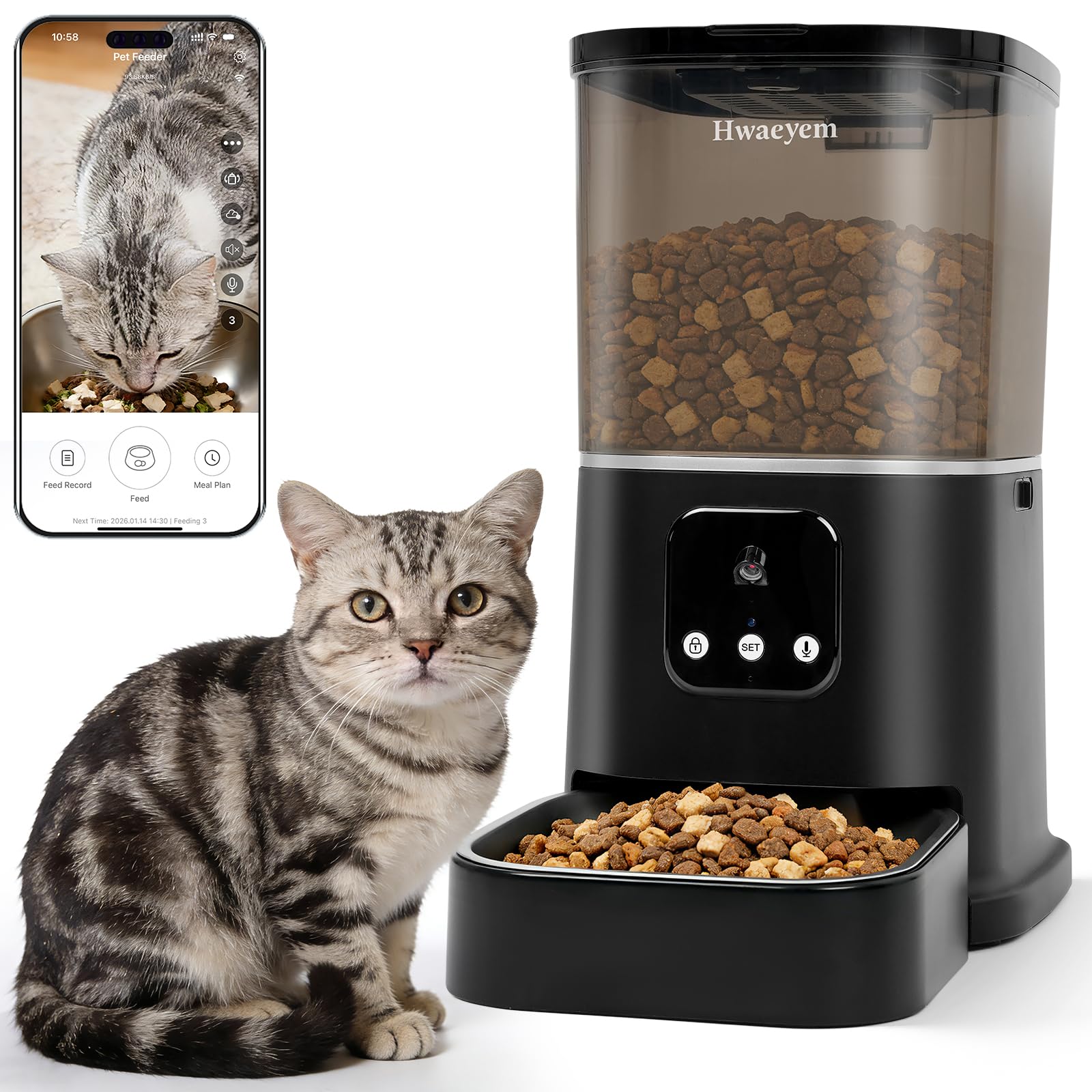 Automatic Cat Feeder with Camera, 5L/28 Cups WiFi Cat Auto Feeder with Two-Way Audio, App Control, Strong Anti-Jam System Smart Timed Cat Feeder with Night Vision for Small Pets Indoor