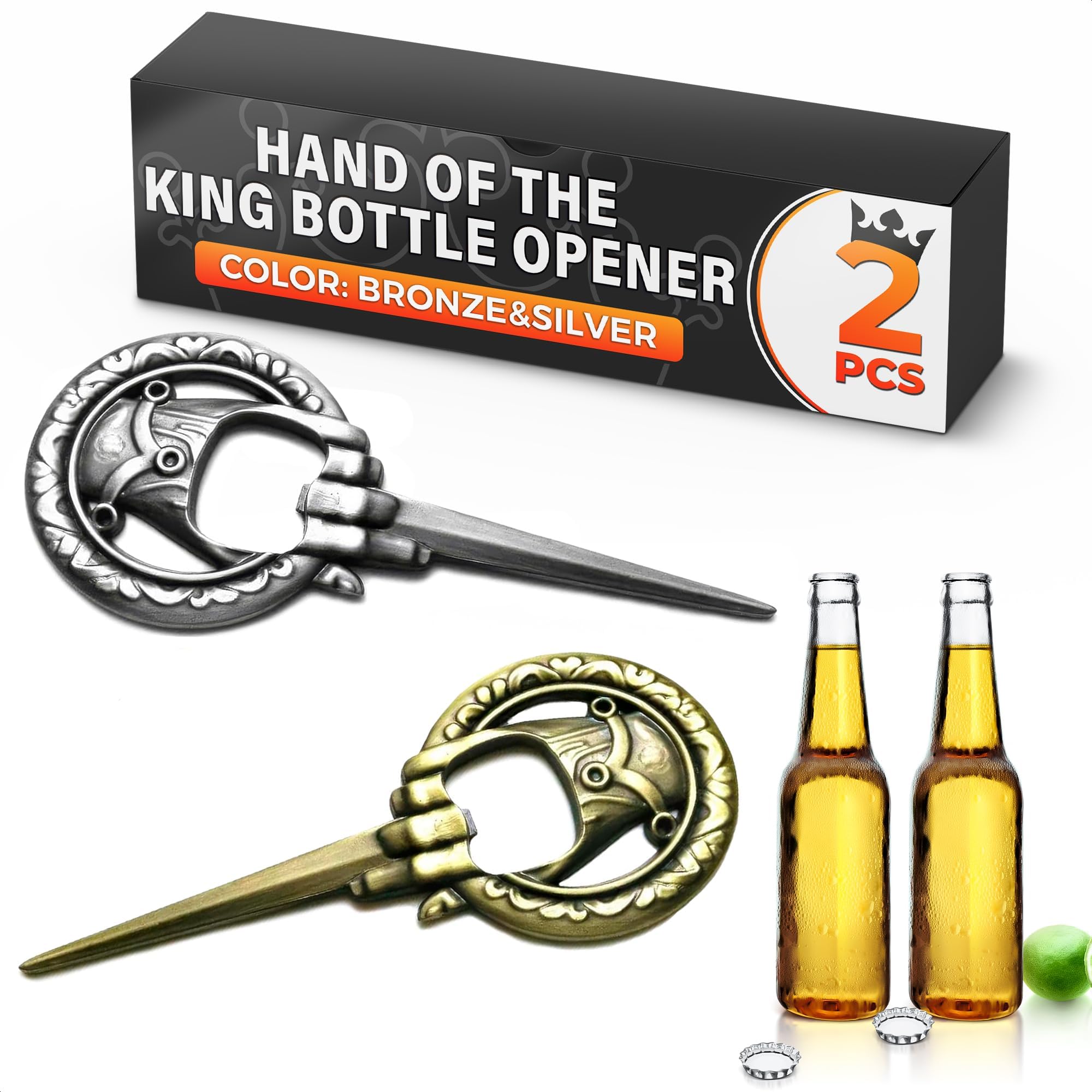 Hand of The King Bottle Opener 2-Pack - Game of Thrones Style - Bronze and Silver - Perfect Barware Man Cave Gift - Unique GOT Custom Cap Lifter Collectible Accessories
