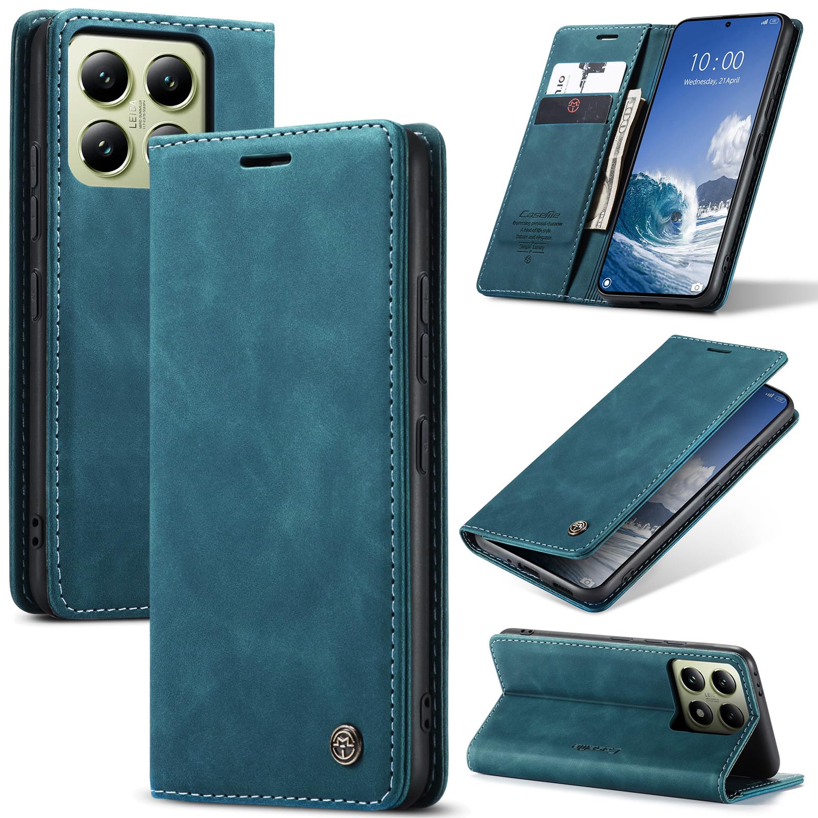 Cracedily Handyhülle für Xiaomi 14T Hülle, Klapphülle Premium Lederhülle Klappbar Flip Case Tasche Magnet Kartenfach Standfunktion Klapphülle Schutzhülle für Xiaomi mi 14T, Blaugrün