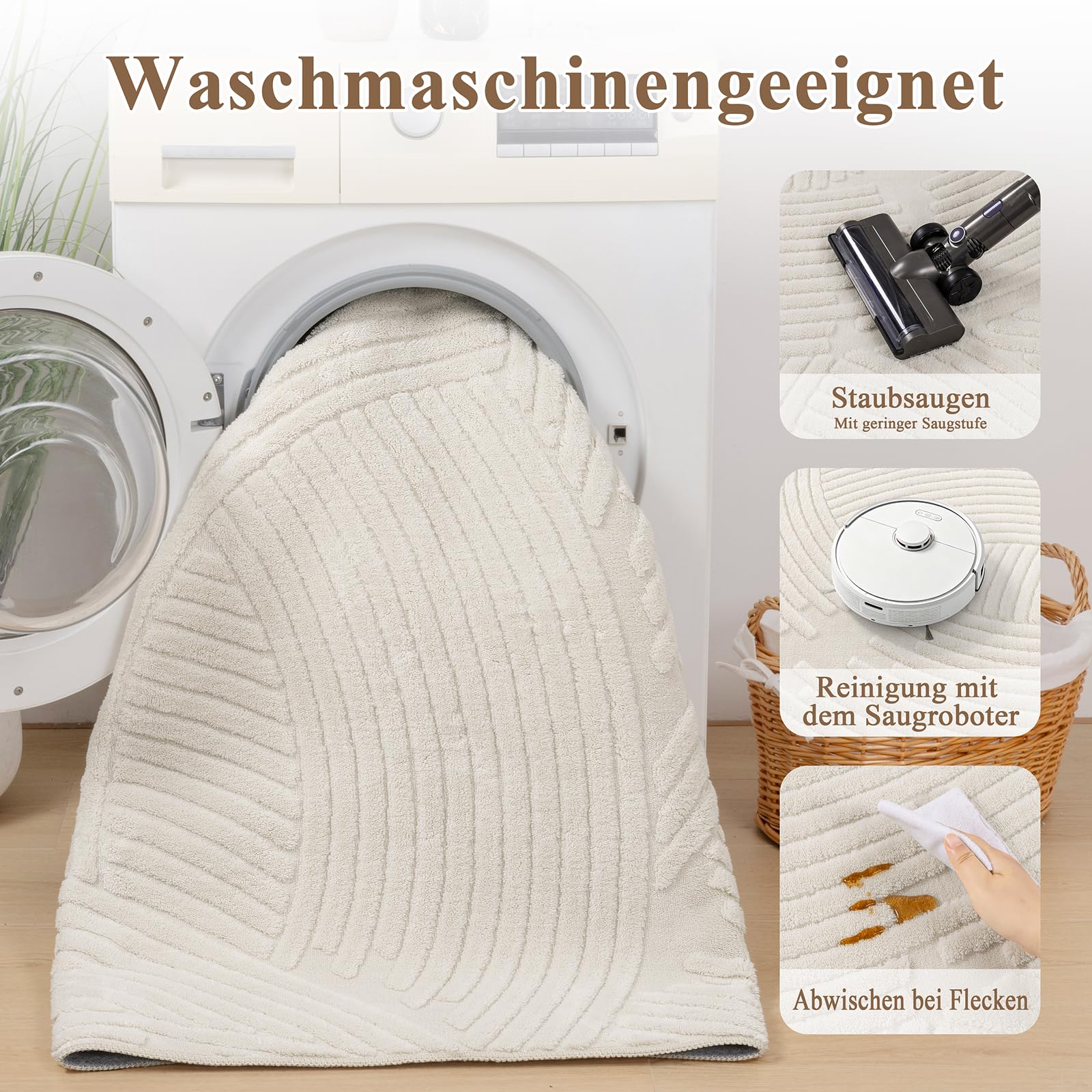 Waschbarer Teppich 160x230 cm für Wohnzimmer, Beige weich flauschig mit Rutschfester Unterseite, kurzflor Design für Schlafzimmer Esszimmer Büro